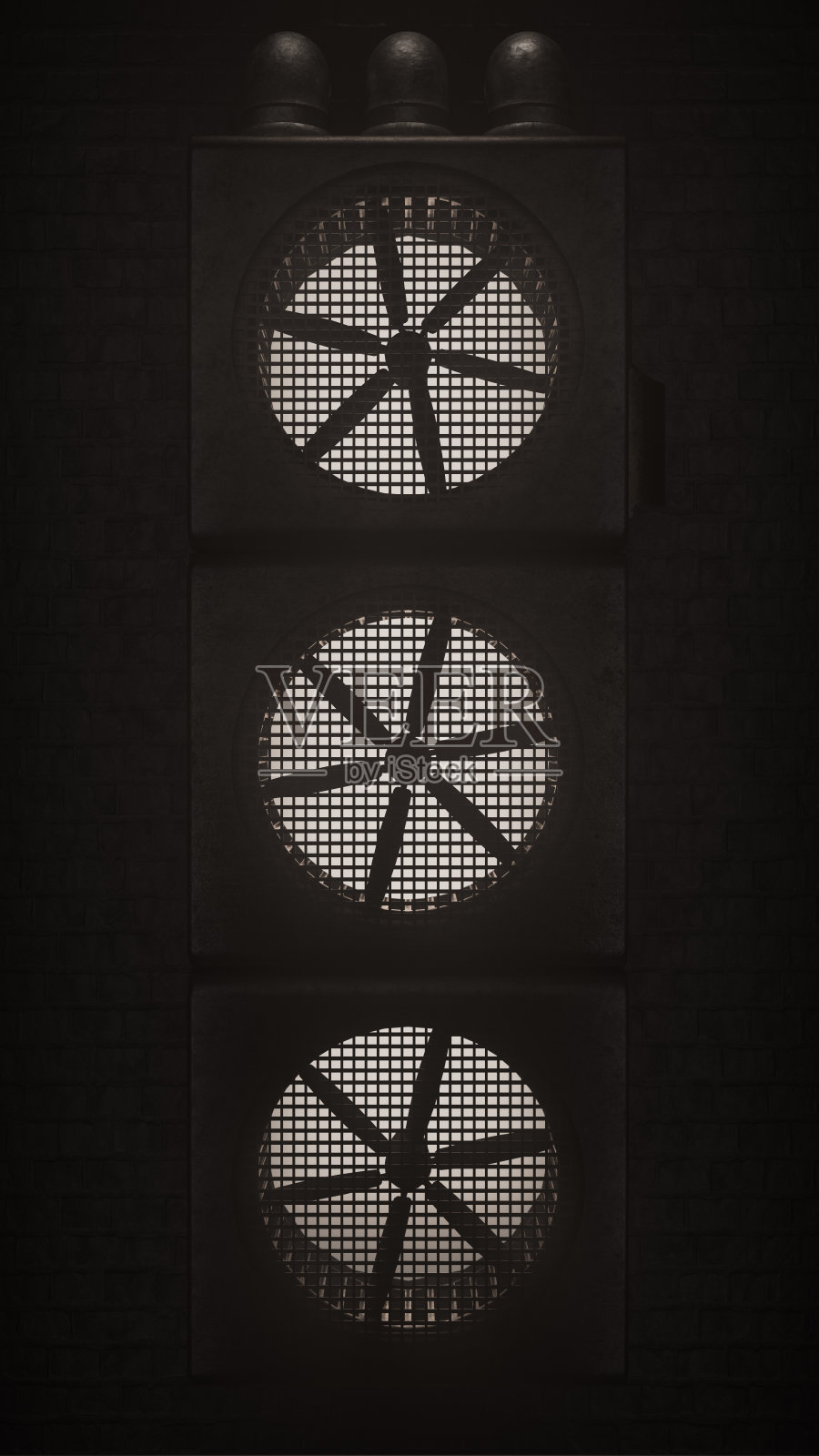 垂直堆叠3D垃圾金属蒸汽朋克工业风扇与砖墙背景照片摄影图片