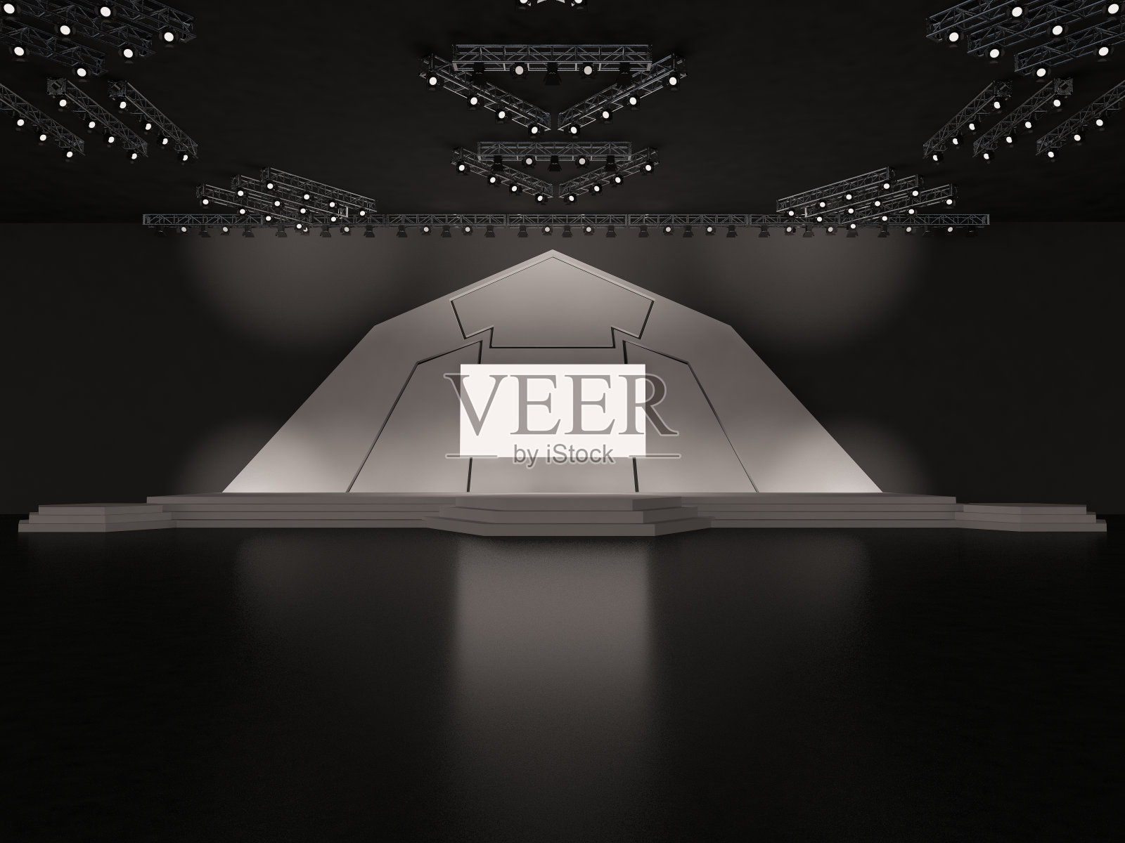 活动空舞台前视图与一个矩形led屏幕投影，舞台楼梯，和天花板投影仪系统。定制的设计。室内大厅。三维渲染图照片摄影图片