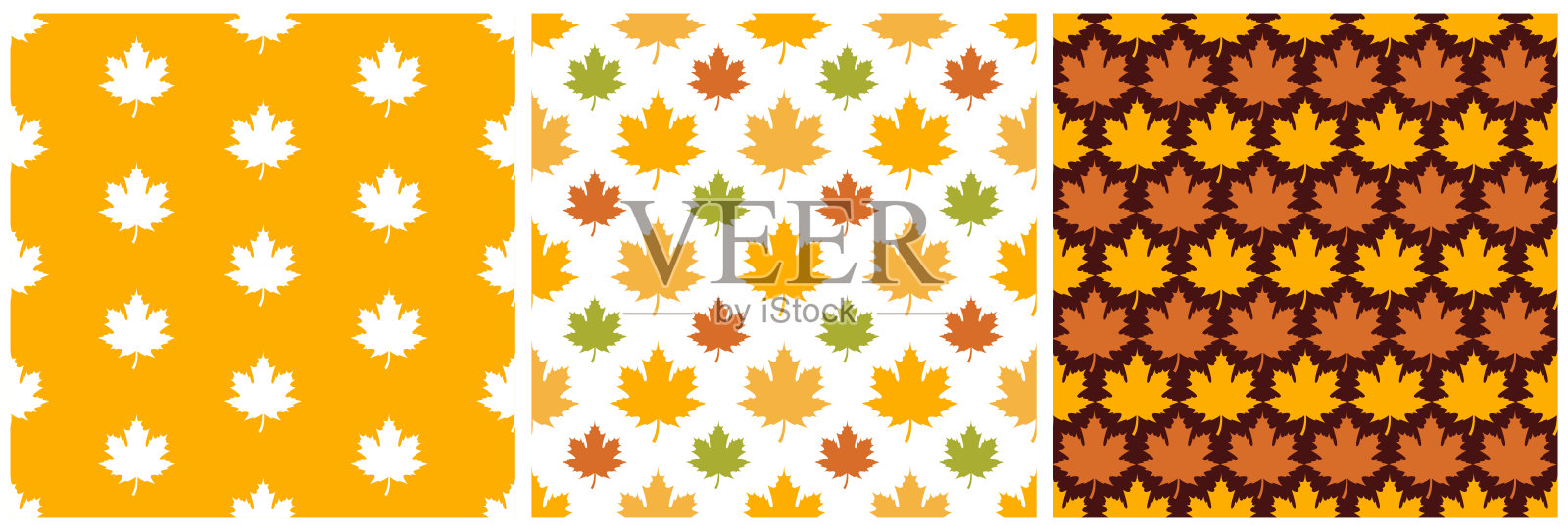 一套秋季无缝图案插图元素全景枫树落在卡通模板手绘插画图片素材