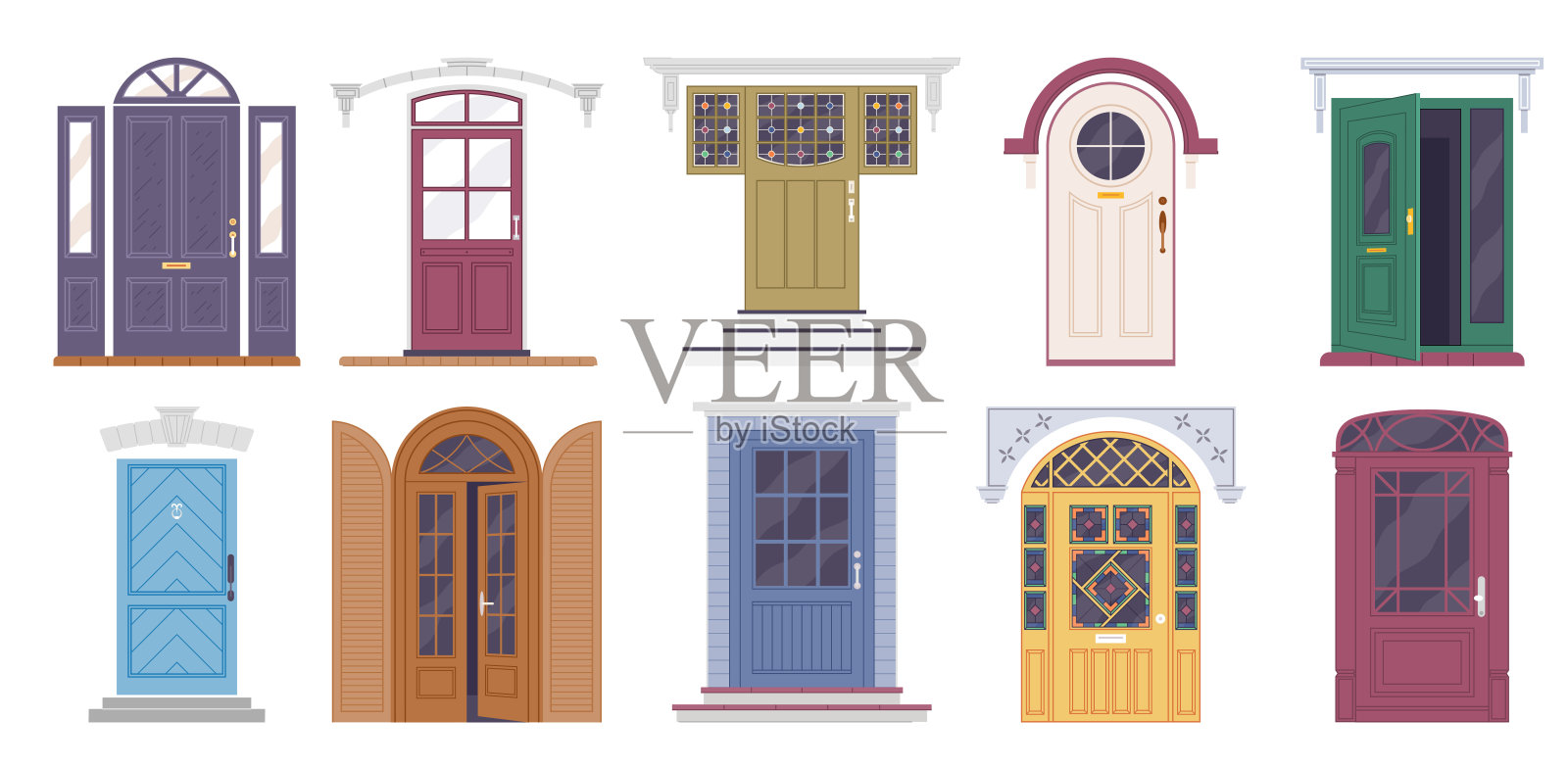 一组不同的房子入口，门廊和紧闭的门。有彩色窗户的公寓入口插画图片素材