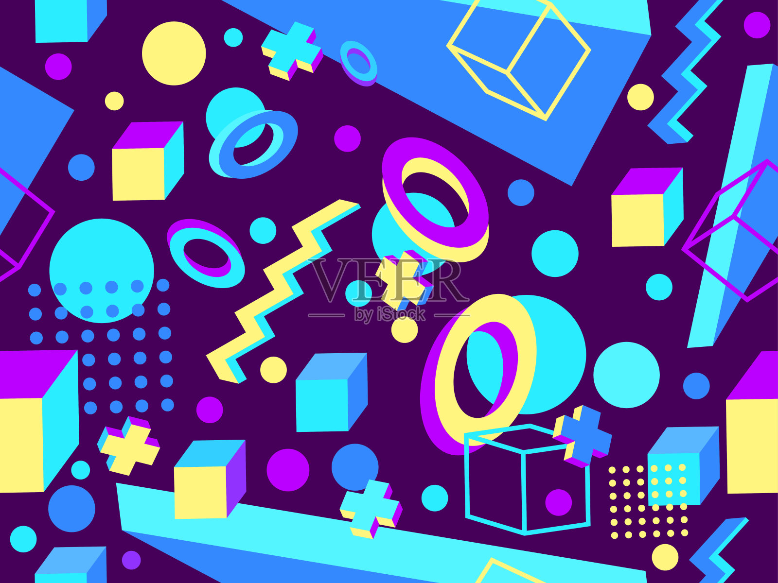 80年代风格的3D几何无缝图案。三维等距三角形，之字形和圆形。设计促销产品，包装纸和印刷。矢量图插画图片素材