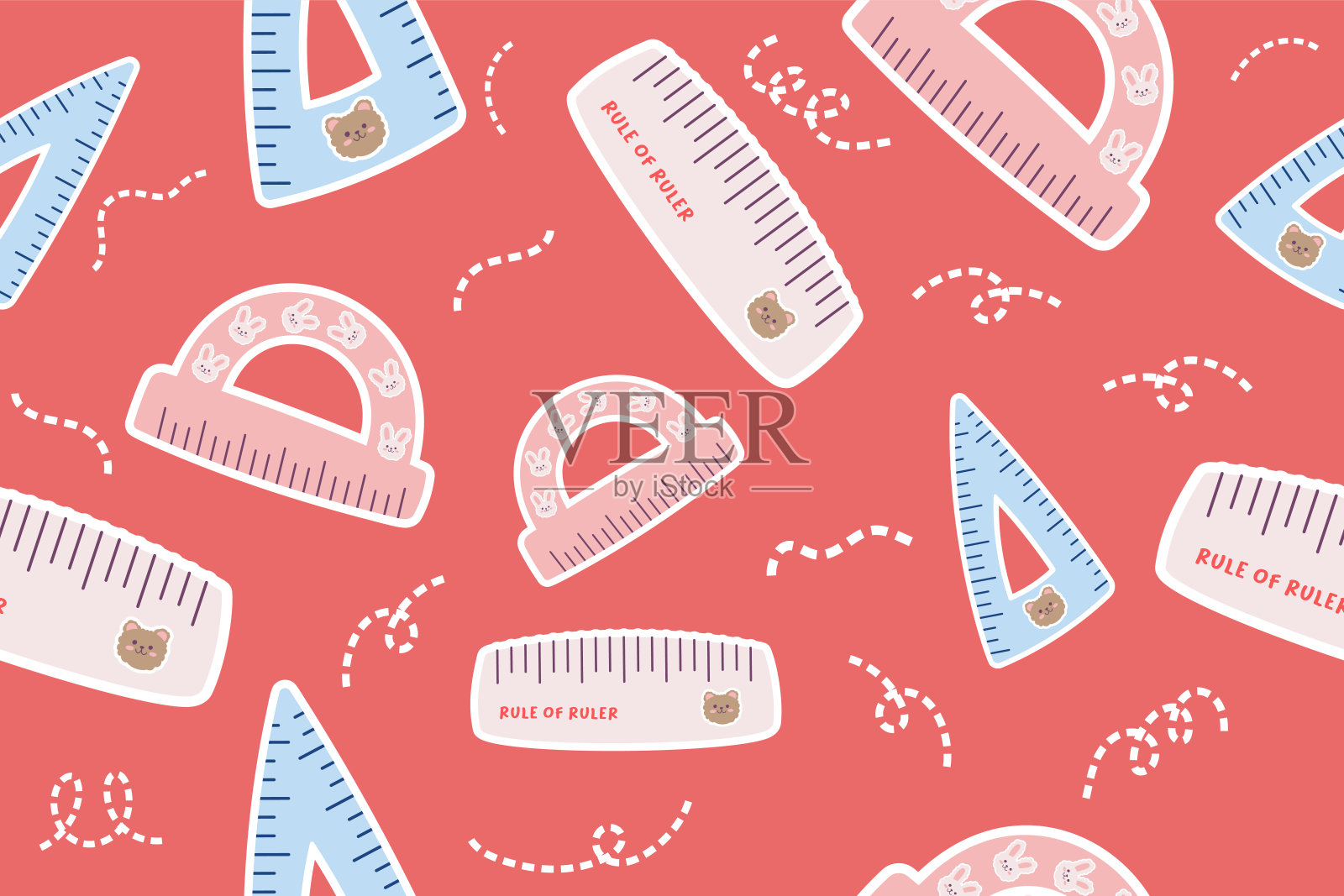 卡哇伊回到学校文具无缝图案背景。可爱的手绘办公用品完美的儿童服装涂鸦卡通学龄前儿童学习包装纺织图形打印矢量插画图片素材