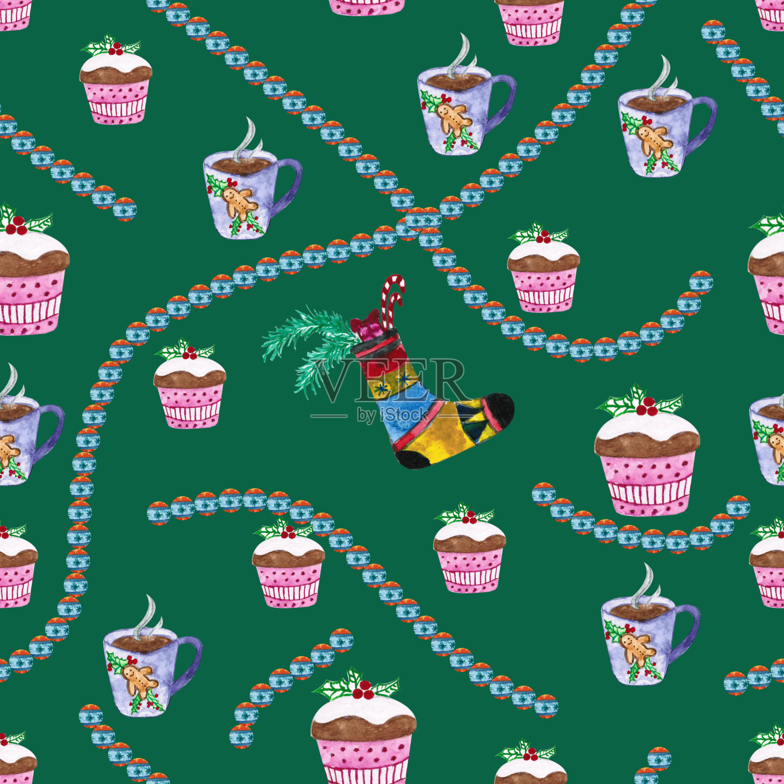 新年和圣诞节的无缝图案。水彩绘画。插画图片素材