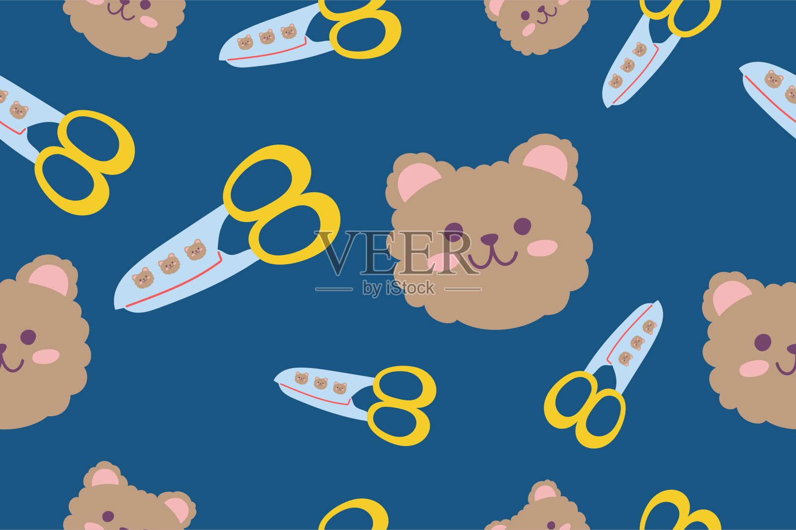 卡哇伊回到学校文具无缝图案背景。可爱的手绘办公用品完美的儿童服装涂鸦卡通学龄前儿童学习包装纺织图形打印矢量插画图片素材