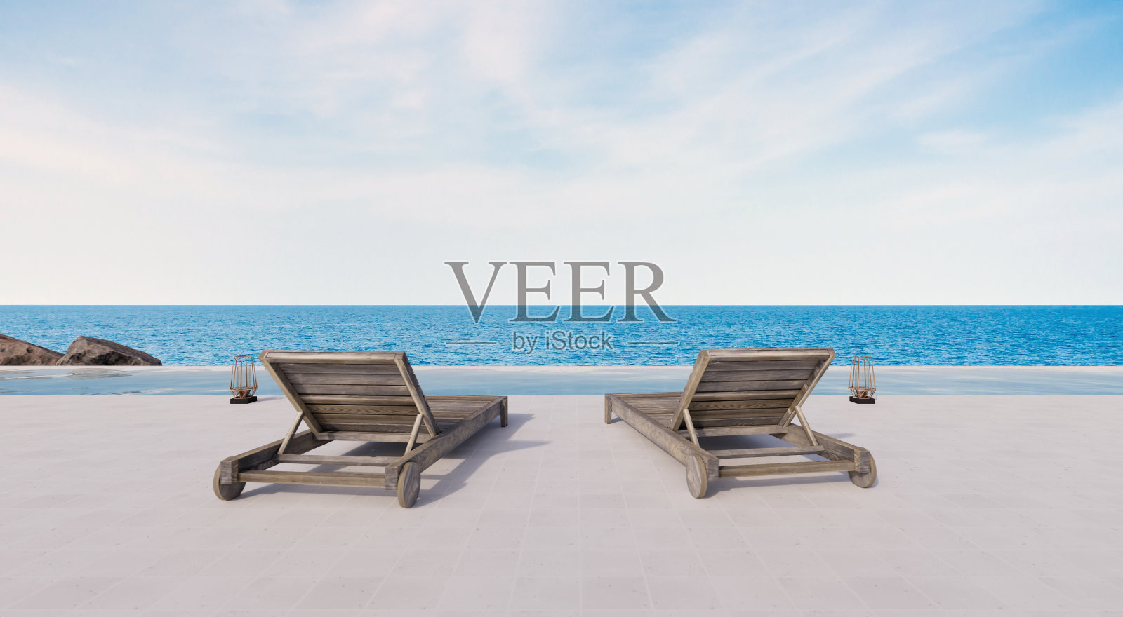 海滩别墅，酒店度假村只有池畔和椅子向外看，游泳池靠近大海和天空，完美的放松。豪华3d渲染海景。照片摄影图片