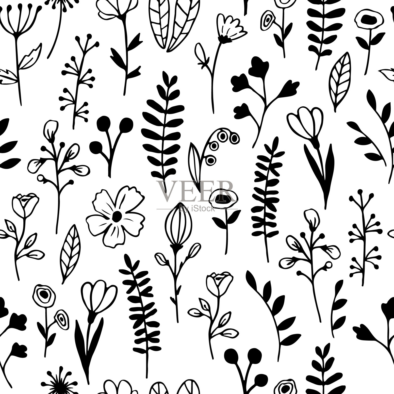 无缝图案从手绘植物在涂鸦风格。植物元素在黑色墨水的卡片，明信片，图案，封面的设计。矢量插图隔离在白色背景上。插画图片素材