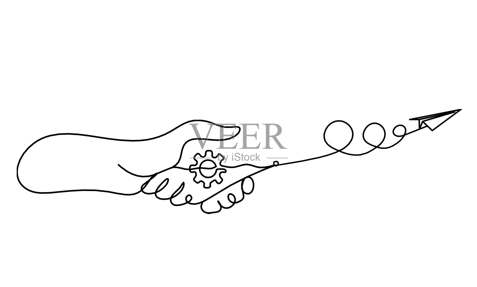 抽象握手和纸飞机作为线条画在白色插画图片素材