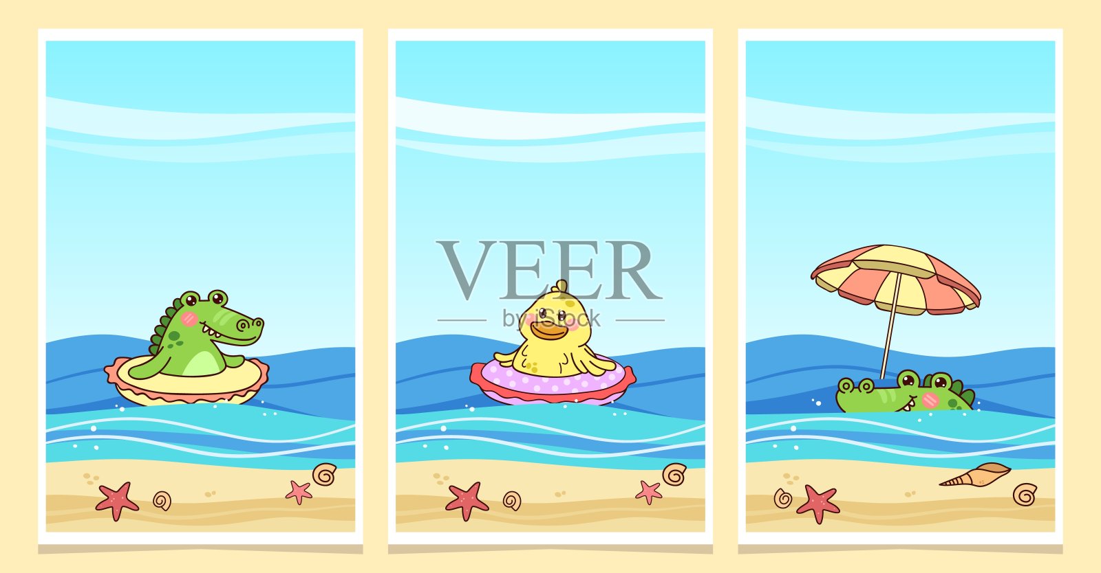 卡哇伊动物，鸭子和鳄鱼在海滩上。收集夏天的背景设计。垂直矢量插图在卡通风格插画图片素材
