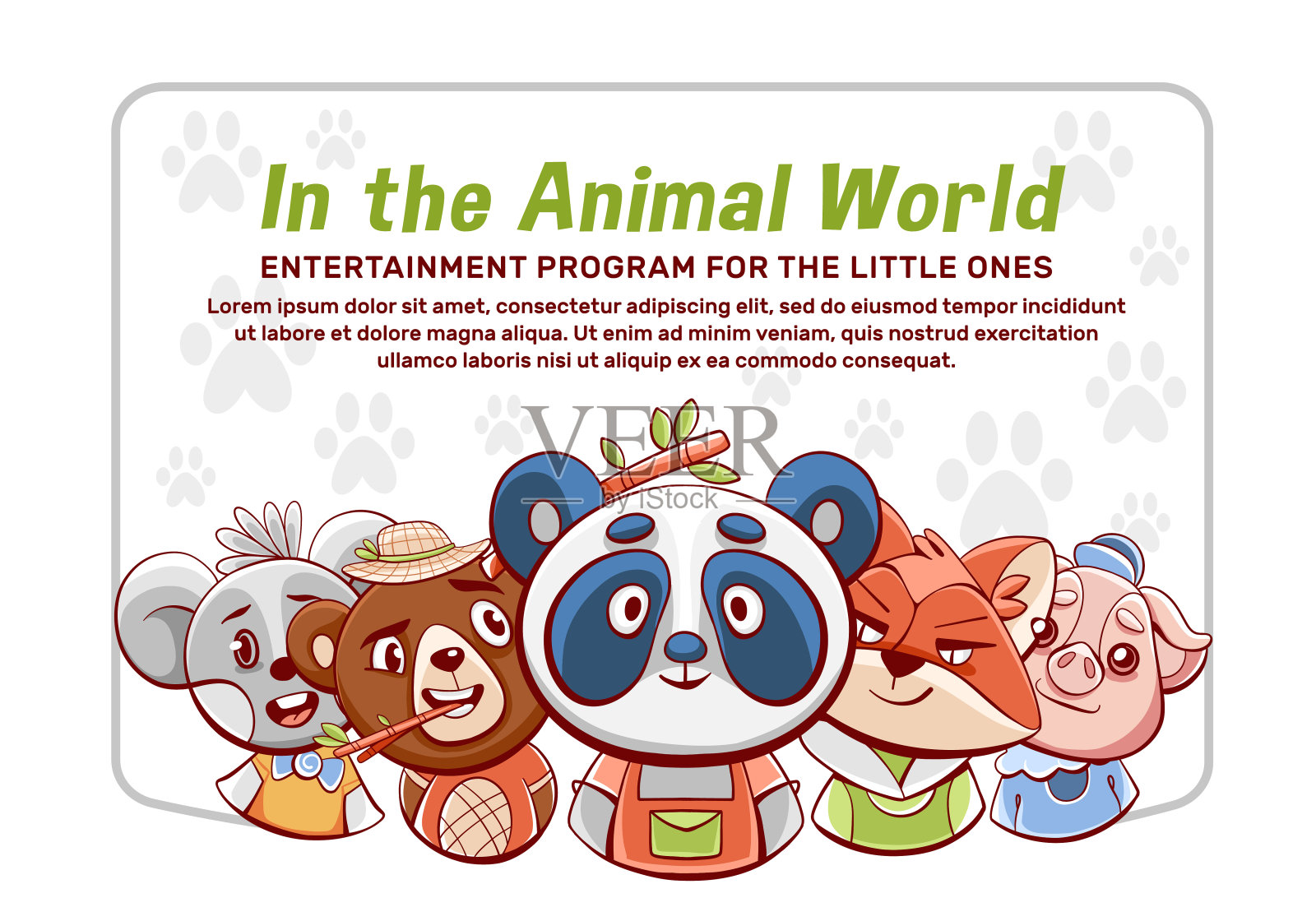 矢量海报世界动物日与可爱的动物:猪，熊猫，熊，老鼠，狐狸和公羊在卡通漫画风格。插画图片素材