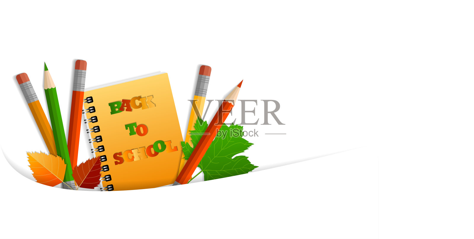 宽幅横幅，理念返校，知识日，9月1日，学习用品在口袋里，多色鲜艳的文具。在白色背景上，有阴影和复制空间插画图片素材