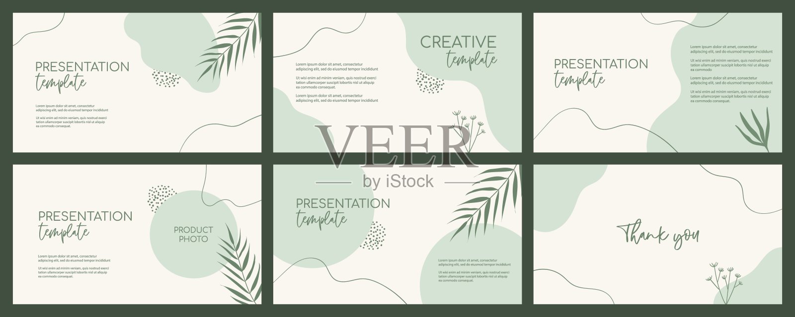 展示有机绿色模板。自然花卉绿色最小矢量背景与有机形状和棕榈叶插画图片素材