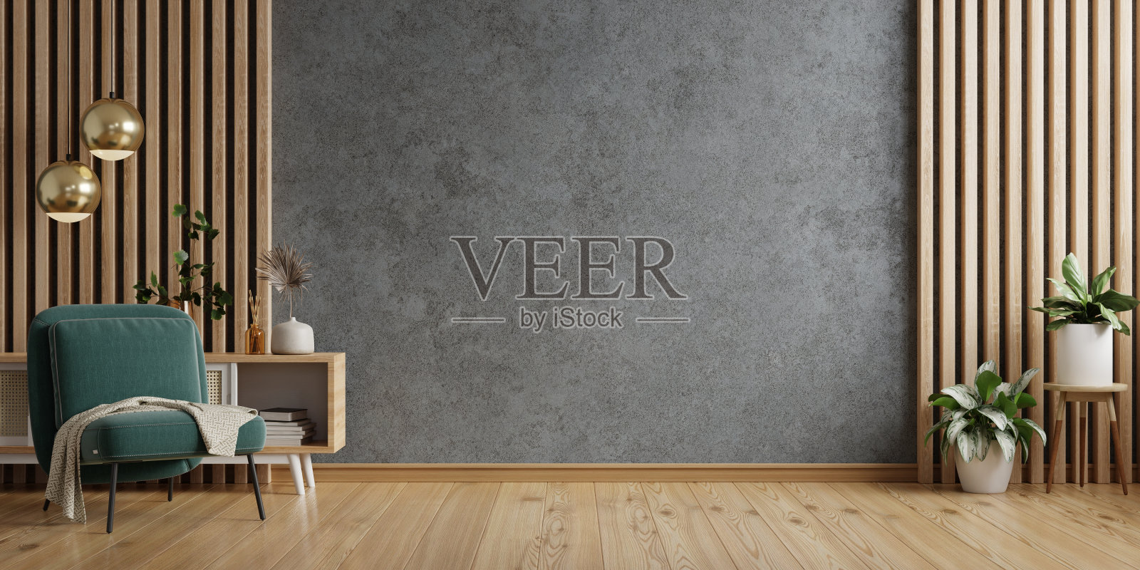 客厅里有绿色扶手椅，背景是空的深色混凝土墙。照片摄影图片