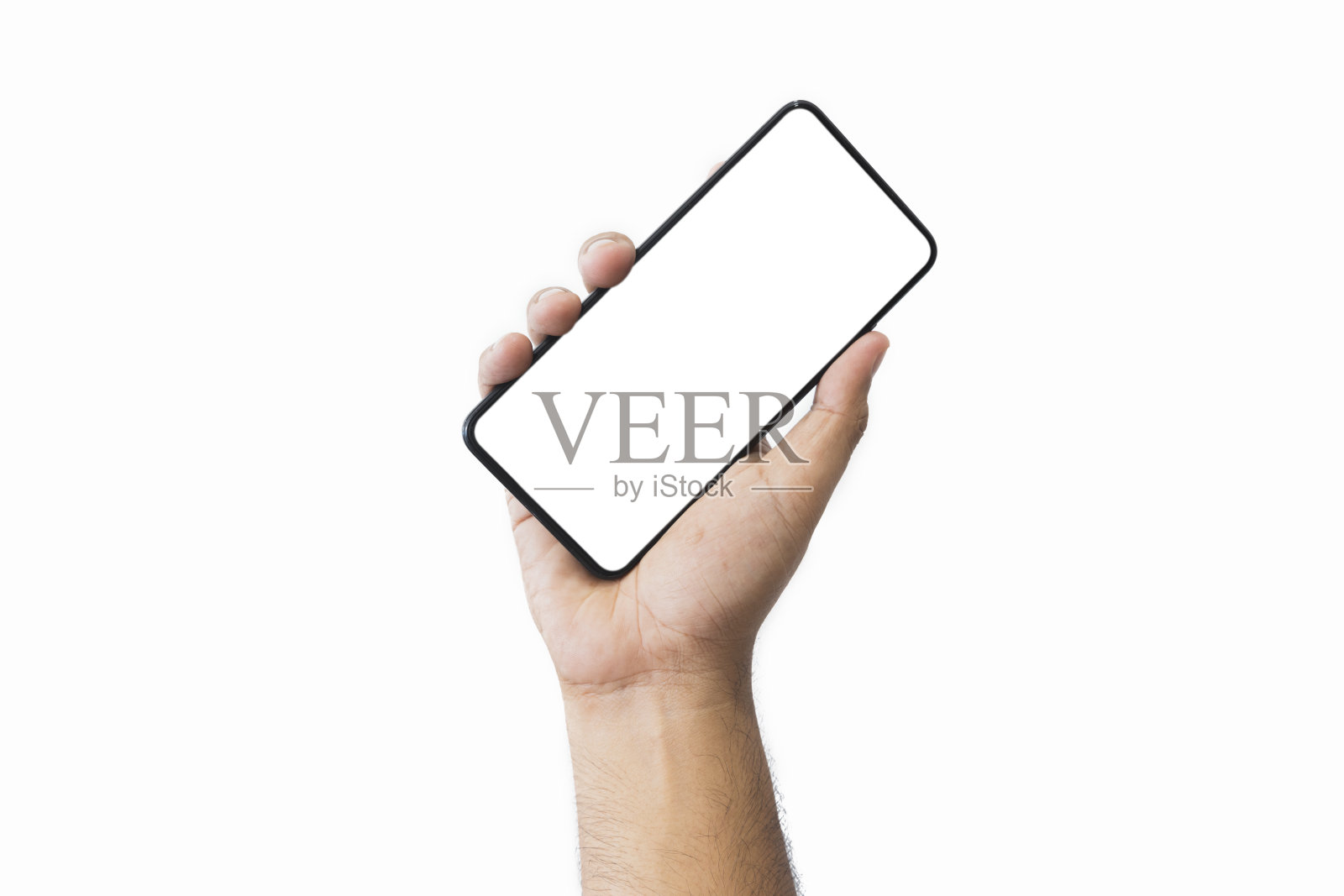 男性手持黑色智能手机与空白屏幕和现代无框设计两个位置角度复制空间隔离在白色背景。男子手持手机的特写镜头。文本空间。照片摄影图片