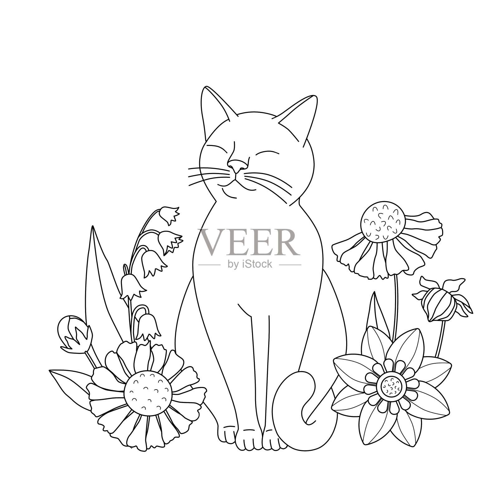 可爱的花猫着色书。形状简单，轮廓适合儿童和成人。矢量插图。插画图片素材