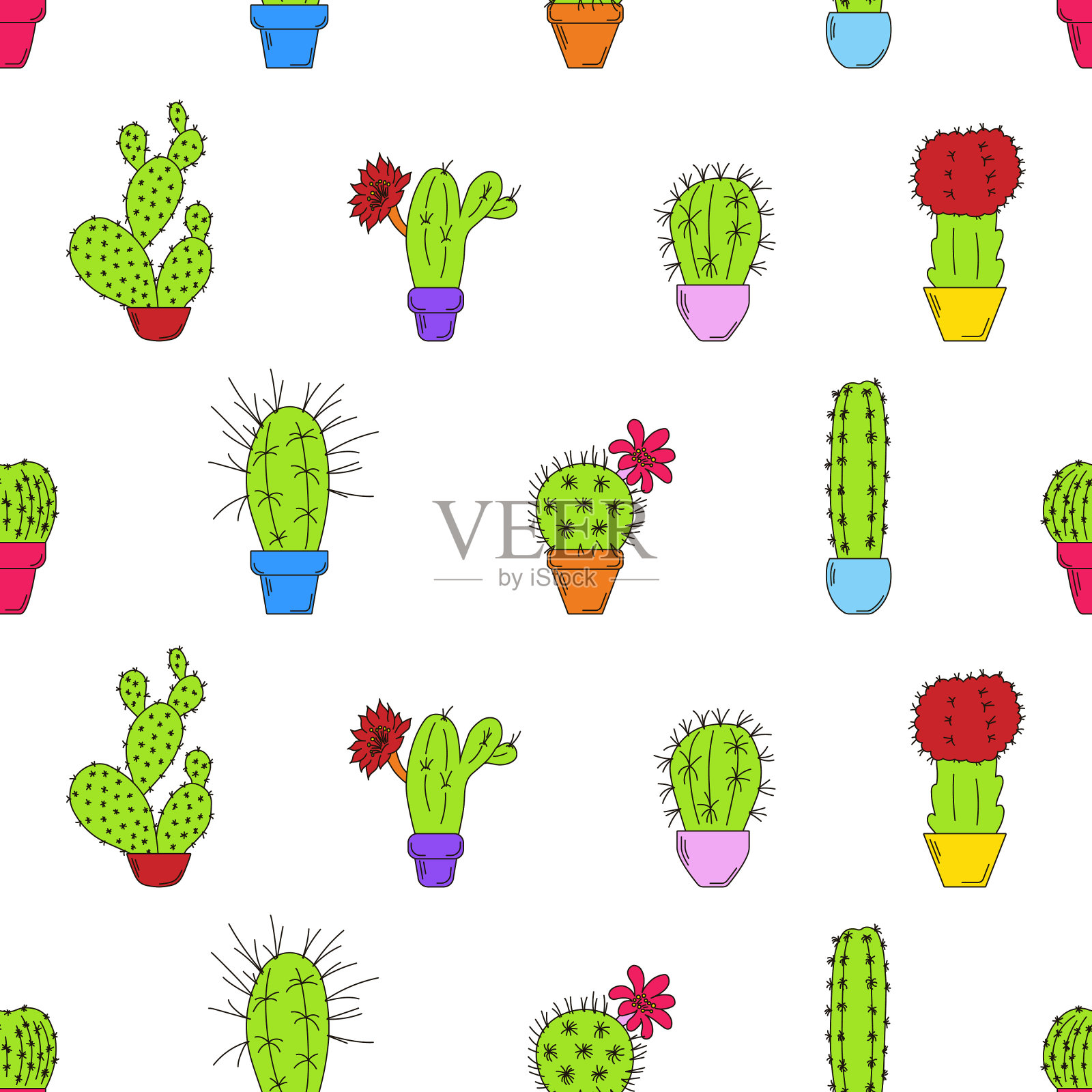 无缝图案与彩色仙人掌在花盆与轮廓插画图片素材