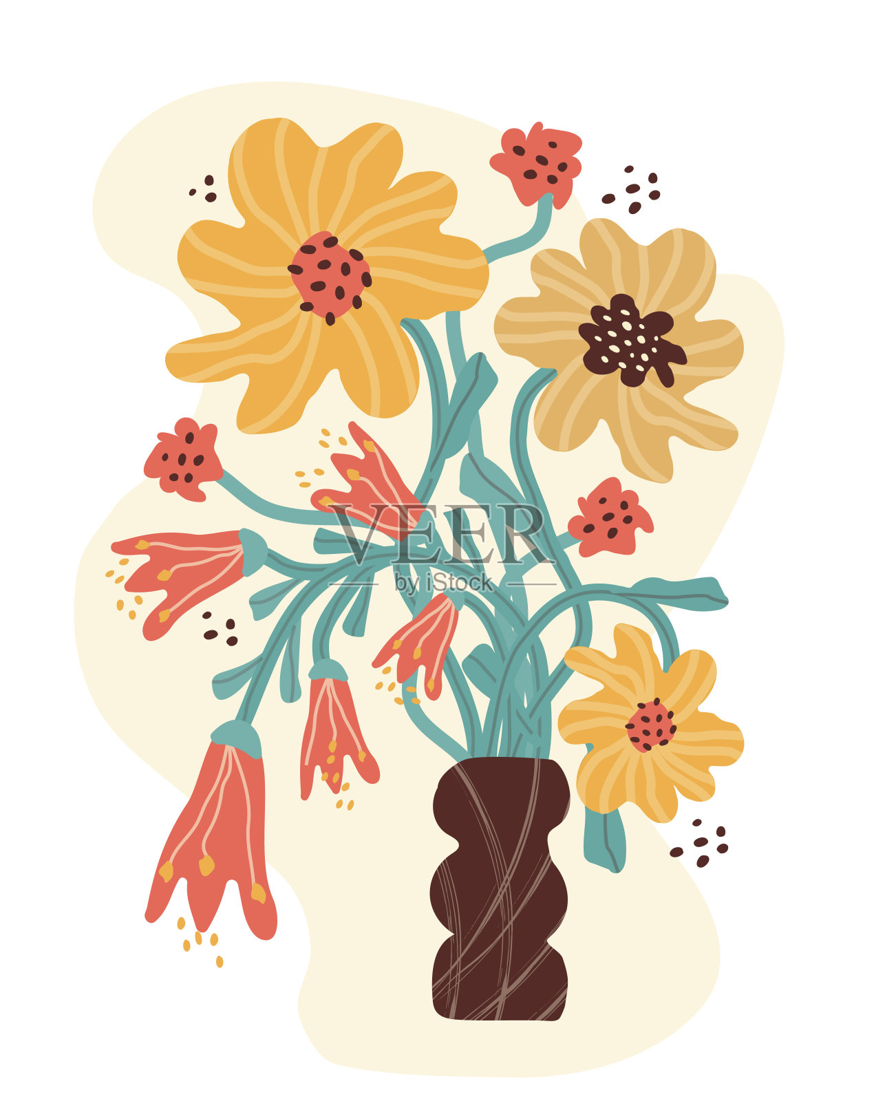 色彩缤纷，夏日复古花束。抽象花瓶，花，叶，花，图形与纹理。时尚的印花与花朵矢量在现代风格。用于印刷，背景，横幅，明信片。矢量艺术插图。插画图片素材