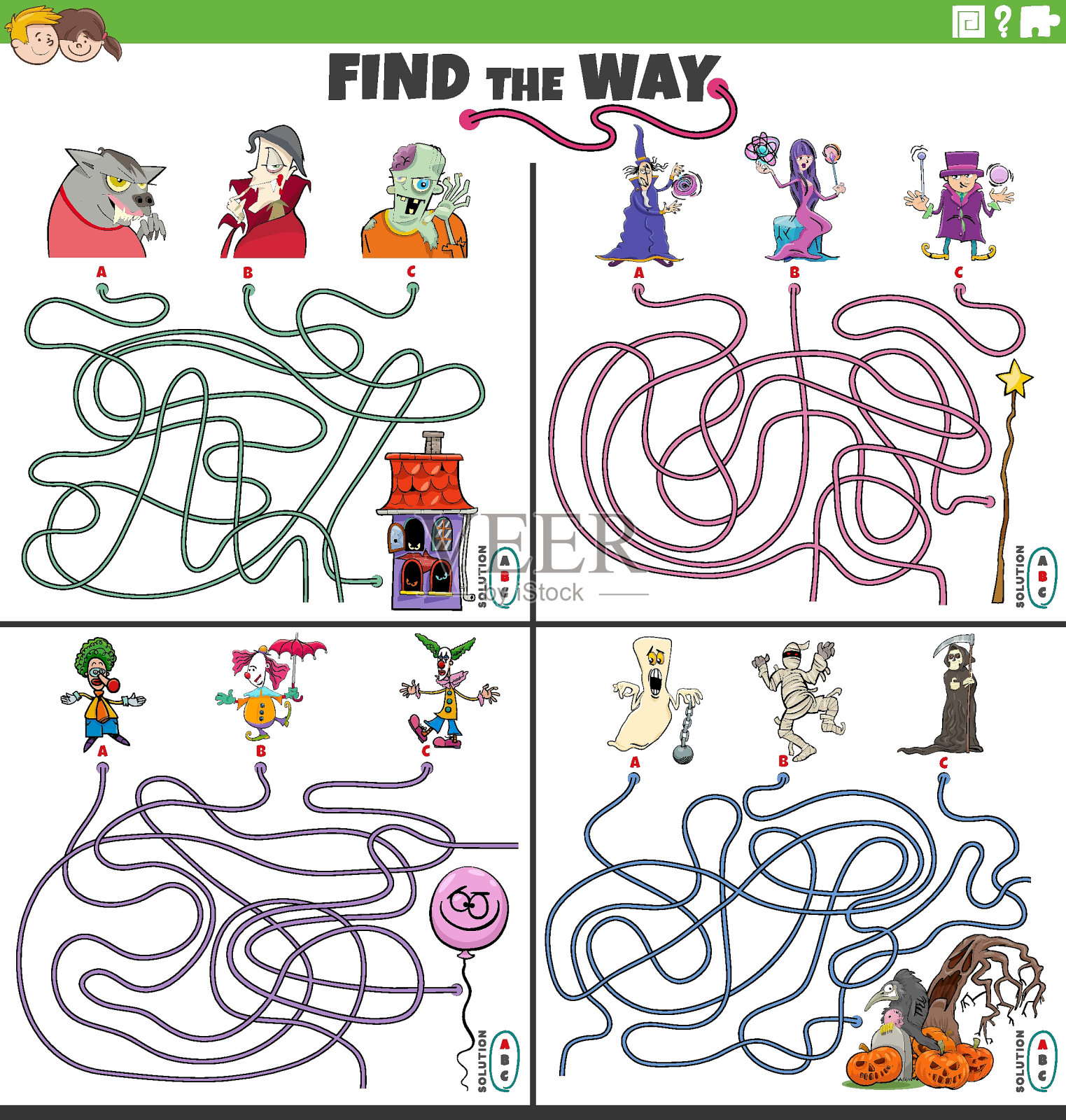 寻找迷宫的方式设置与卡通人物的游戏插画图片素材