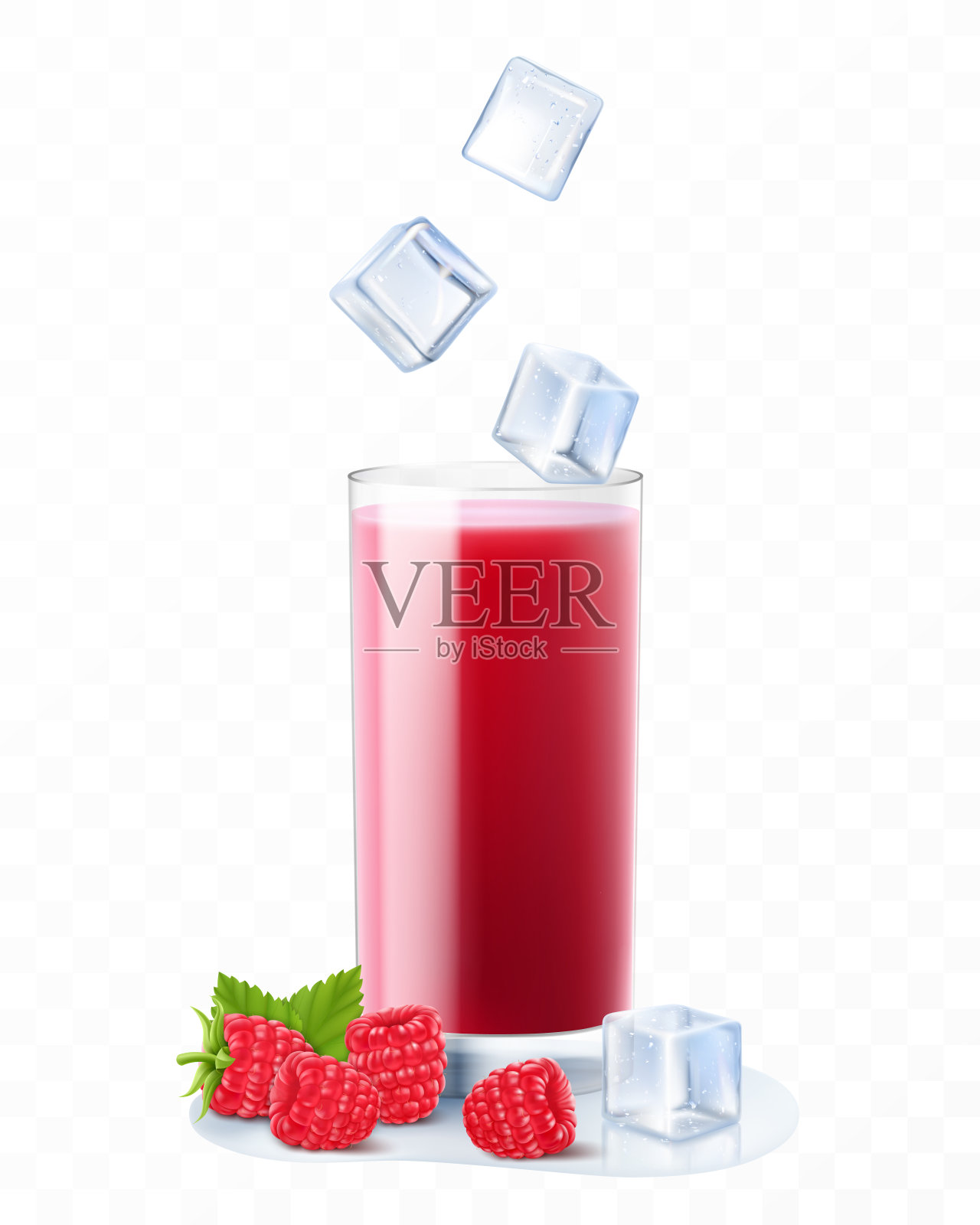 树莓的鸡尾酒。浆果奶昔或酸奶。夏日清凉饮料，加冰块和覆盆子。树莓汁，柠檬水。逼真的三维矢量插图插画图片素材