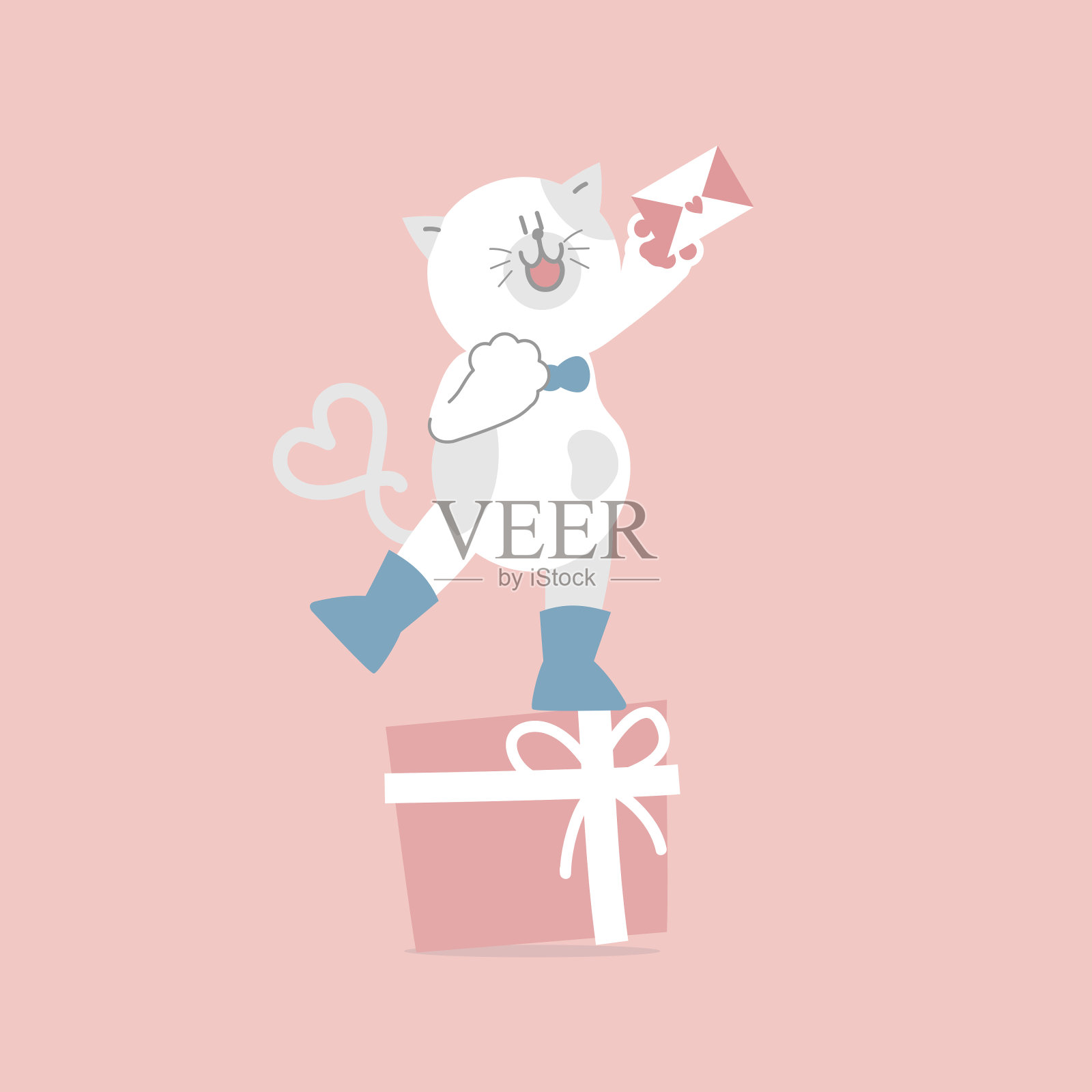 可爱可爱的猫咪带着礼物和情书，情人节快乐，生日快乐，爱的概念插画图片素材