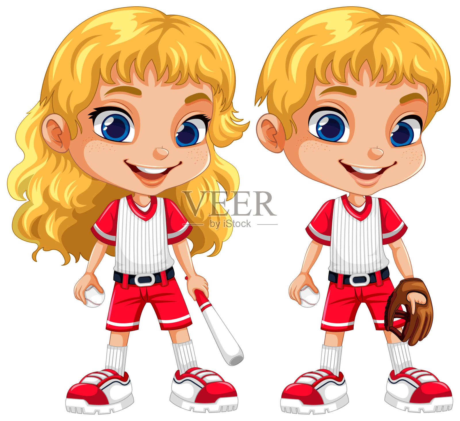 一对孩子在棒球服装矢量插画图片素材