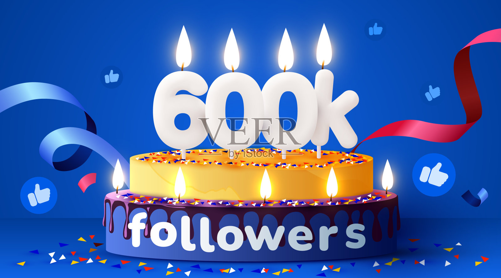 60万或60万粉丝，谢谢。社交网络的朋友，追随者，订阅者和喜欢。有蜡烛的生日蛋糕。插画图片素材