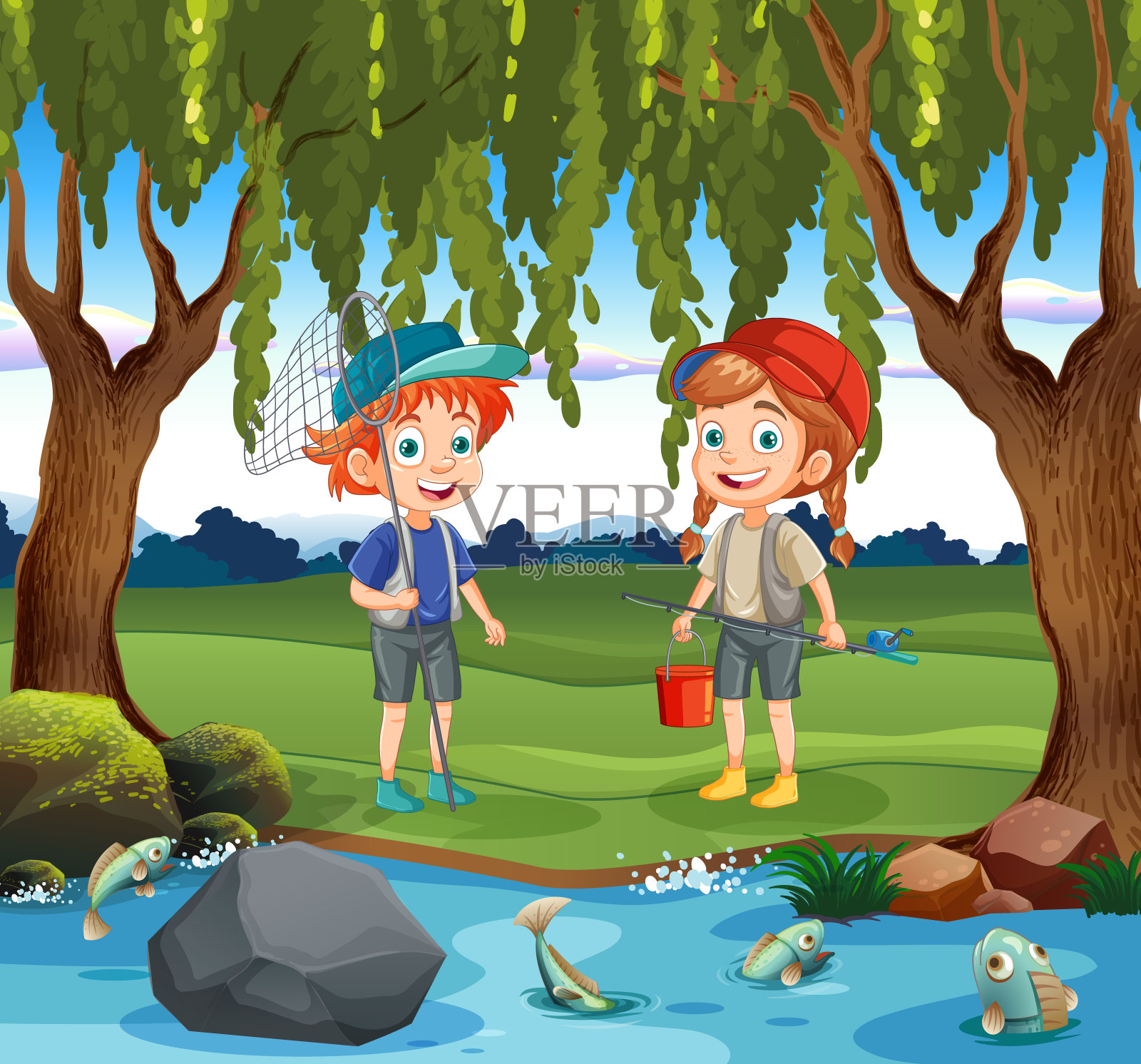 儿童卡通人物在森林场景中探索池塘插画图片素材