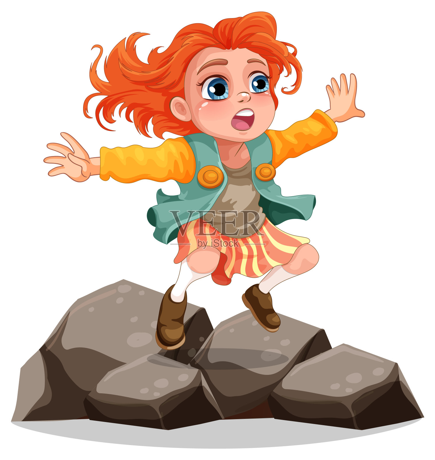 女孩站在岩石上插画图片素材