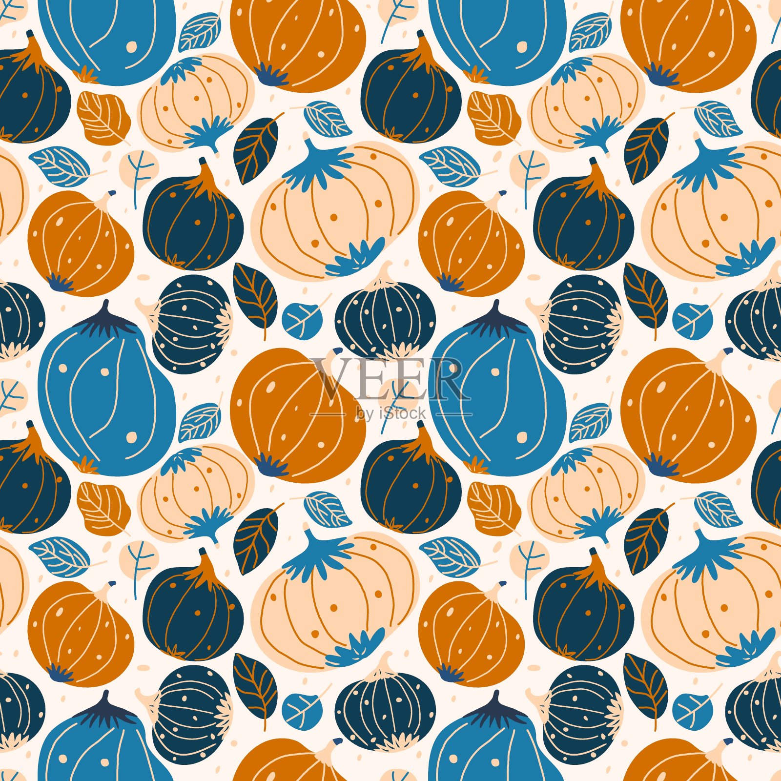 无缝斯堪的纳维亚民间风格南瓜和植物图案。矢量图案质朴的小蓝色和橙色南瓜画在简单的形状为秋季包装印刷或纺织品。插画图片素材