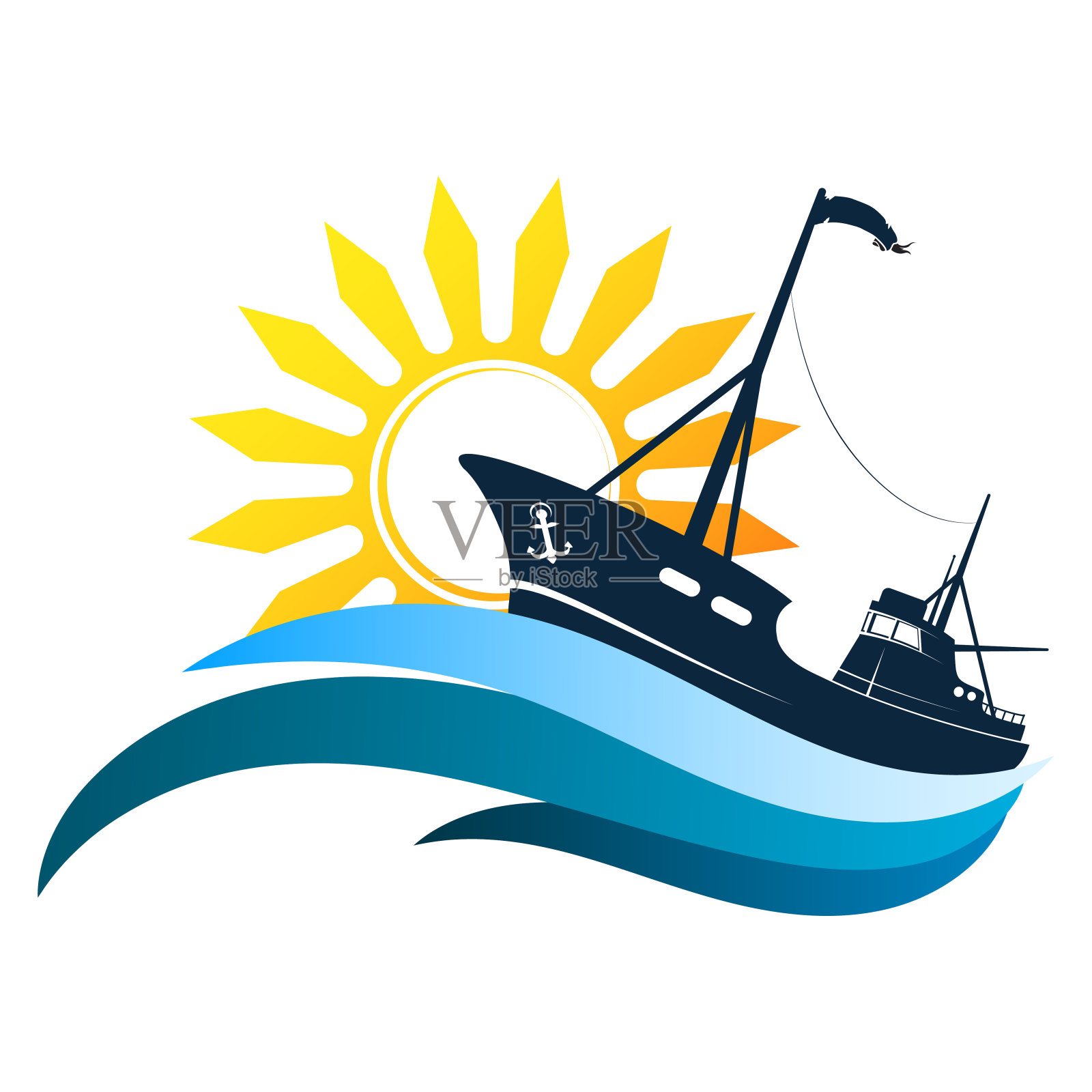 渔船在蓝色的波浪和阳光。工业捕鱼设计插画图片素材