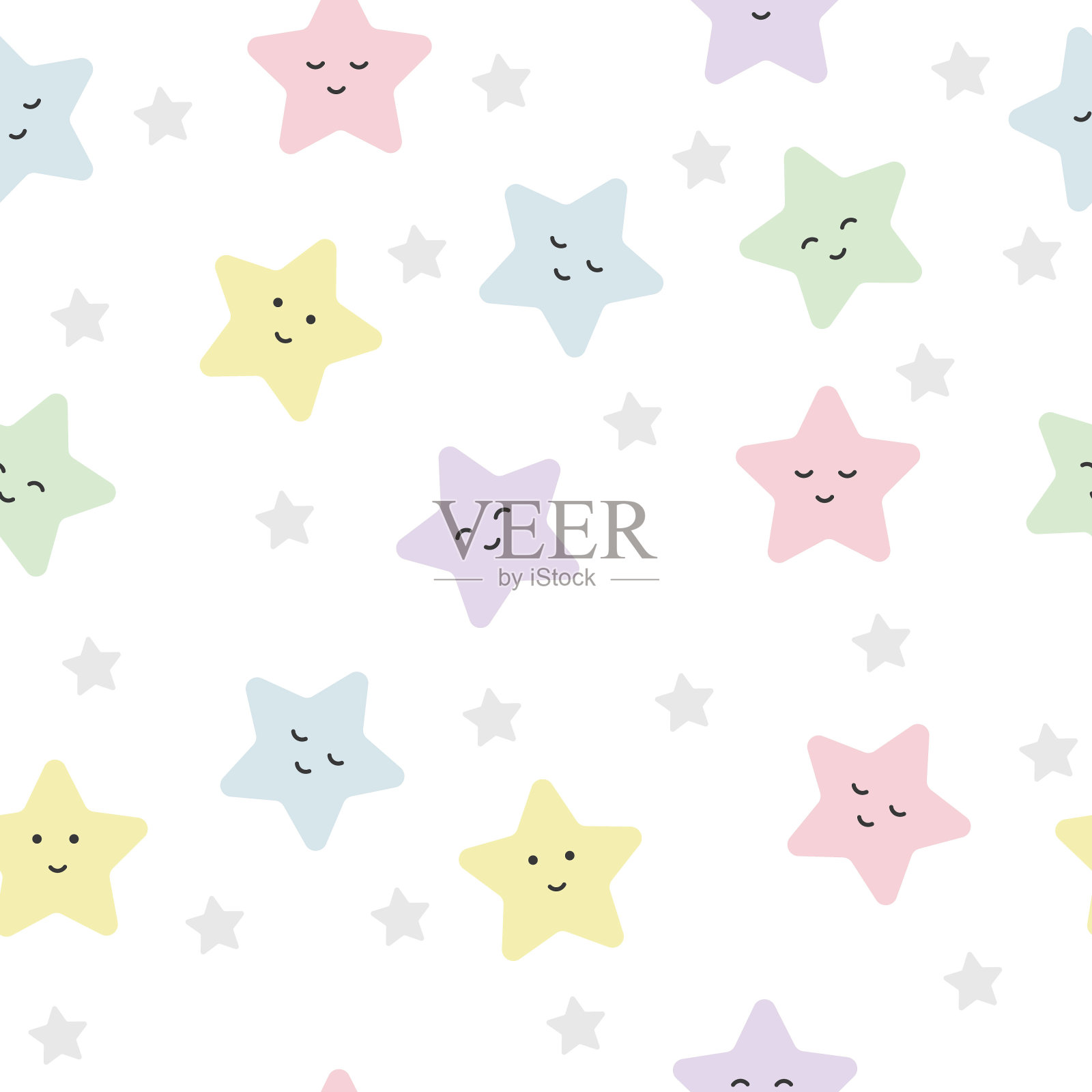 欢快的色彩可爱的星星与情感，儿童无缝图案在柔和的柔和色彩。向量插画图片素材