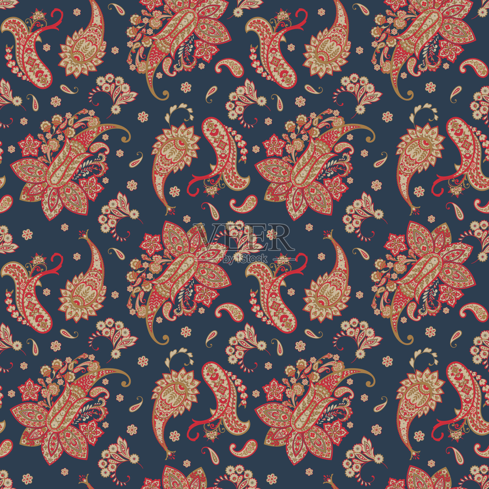 佩斯利矢量无缝图案。神奇的花，叶子。纺织波西米亚印花。蜡染画。古董插画图片素材