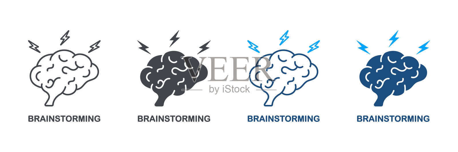 头脑风暴，思考创意轮廓和线条图标集。人脑与闪电象形图。智力过程，头脑风暴概念符号集合。孤立矢量图插画图片素材