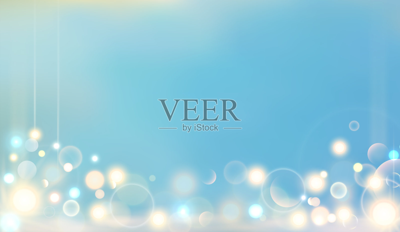 神奇的散景灯与金色模糊柔和的光在阳光天空的背景。摘要矢量插图蓝色的天空与星系使模糊散景插画图片素材