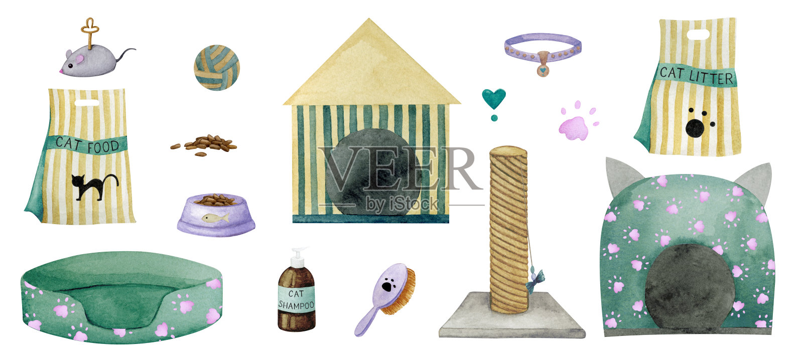 猫和狗的一套饰品。以宠物护理为主题的水彩元素，为一家宠物店的商品。插画图片素材