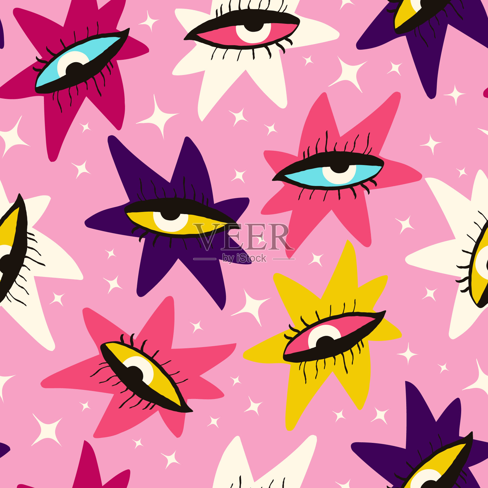 粉红色充满活力的女性美学图案与抽象的彩绘脸和玫瑰花插画图片素材