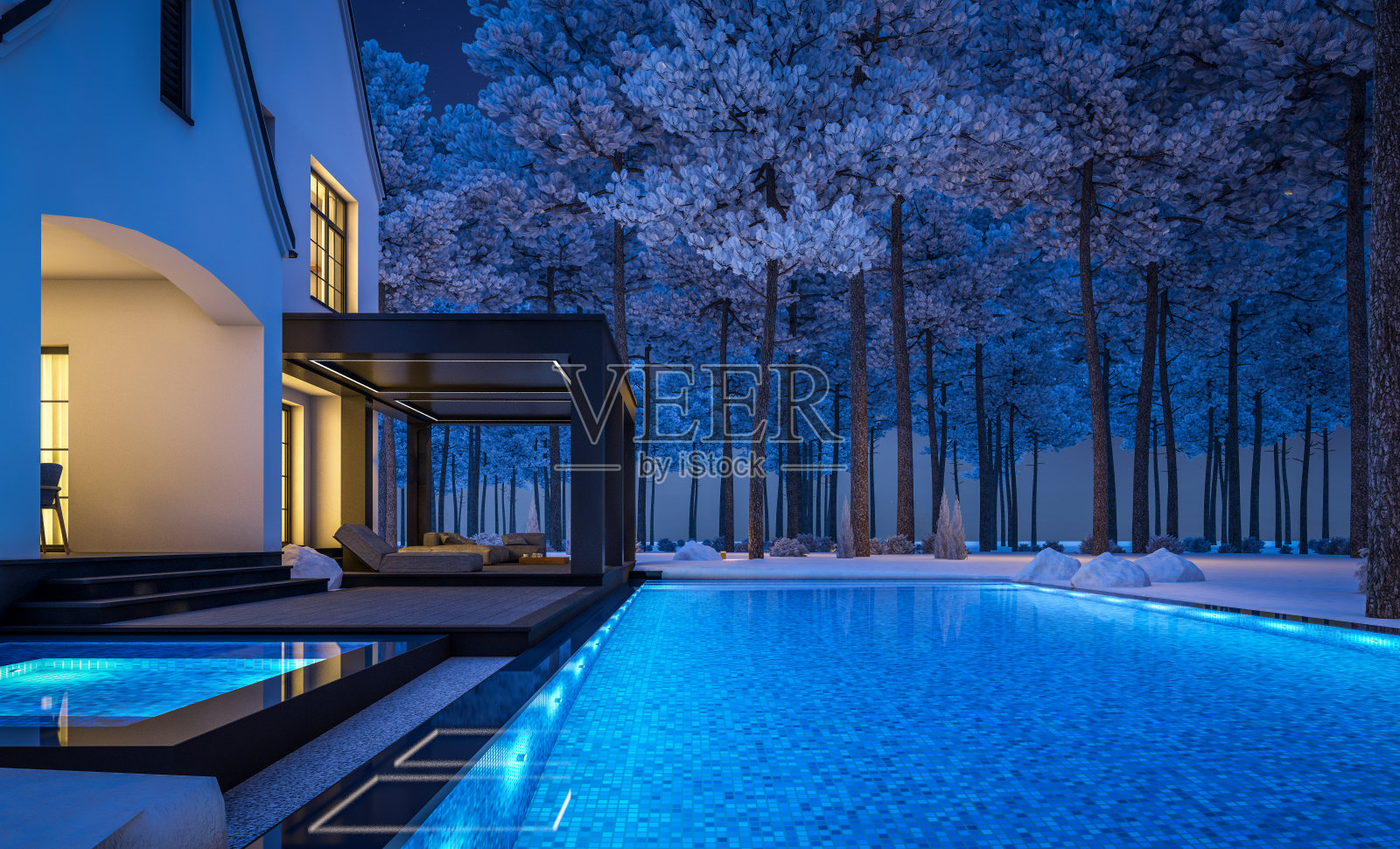 冬季夜晚的黑白现代都铎式房屋3D渲染照片摄影图片