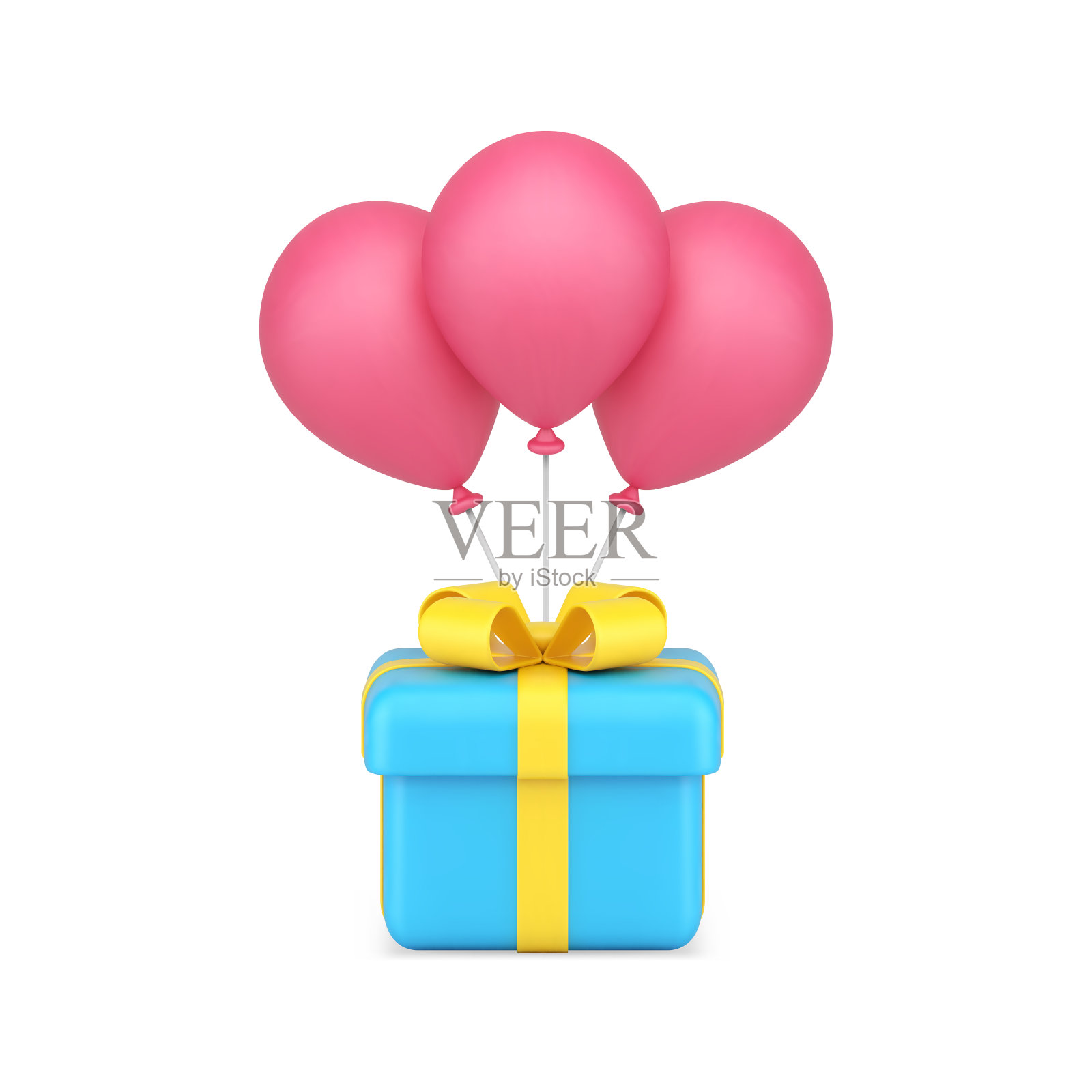 目前节日蓝色礼盒与粉红色氦气气球束三维图标现实向量插画图片素材