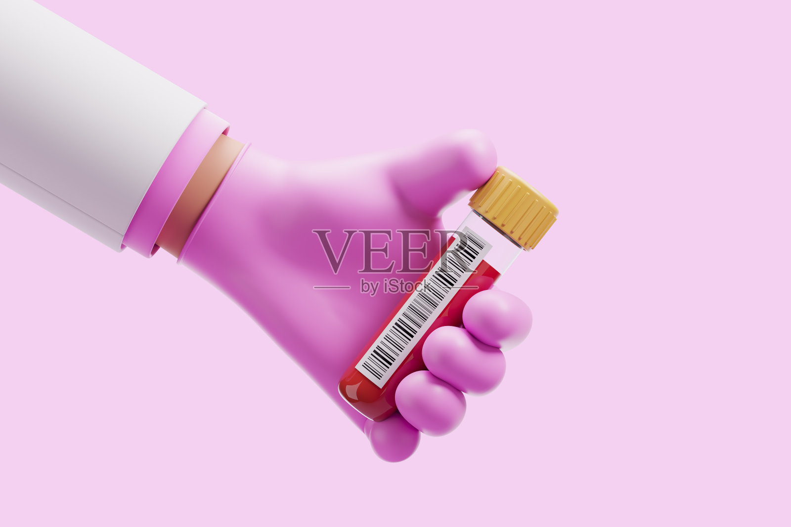 卡通女医生手戴粉色手套，拿着装有血液样本的试管照片摄影图片