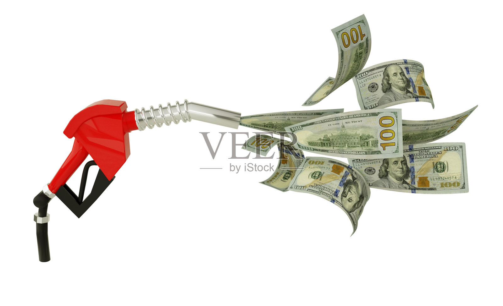 3d渲染的美元钞票从燃油泵出来。红色的燃油喷嘴上到处都是美元照片摄影图片