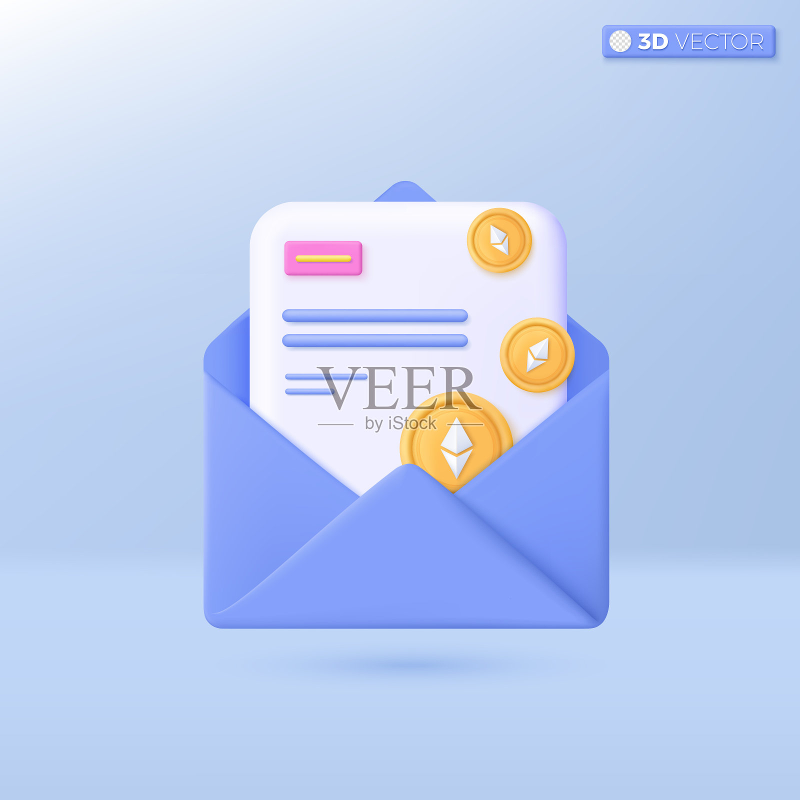 信封与加密货币图标符号。网上营销，金钱投资，报价补偿，网上信件电子邮件的概念。三维矢量隔离插图设计。卡通粉彩极简风格插画图片素材