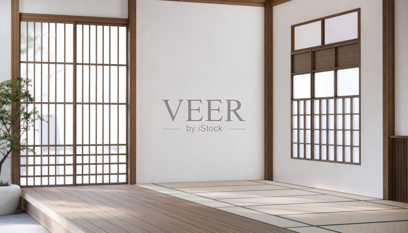 日本风格的空房间，以白墙和木板墙装饰照片摄影图片