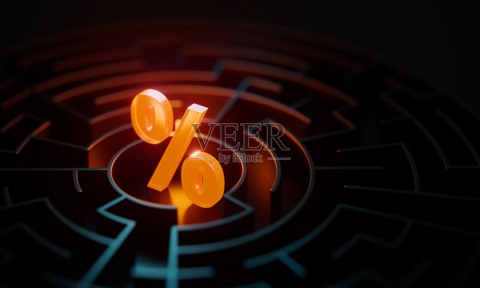 在橙色和蓝色灯光照亮的迷宫中心，有一个发光的百分比标志照片摄影图片