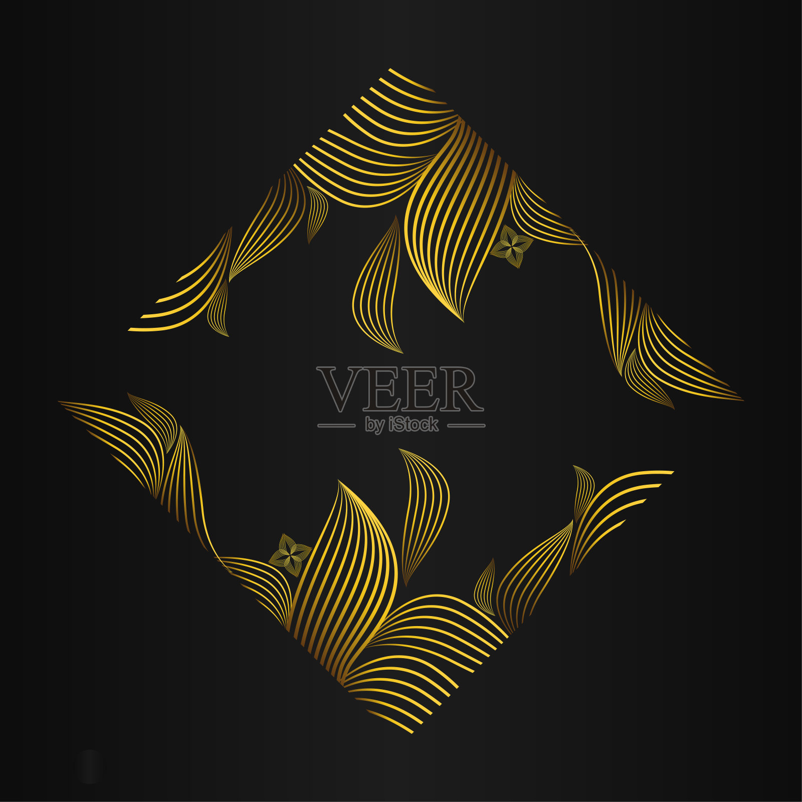 黑色背景上的金色花朵装饰。插画图片素材