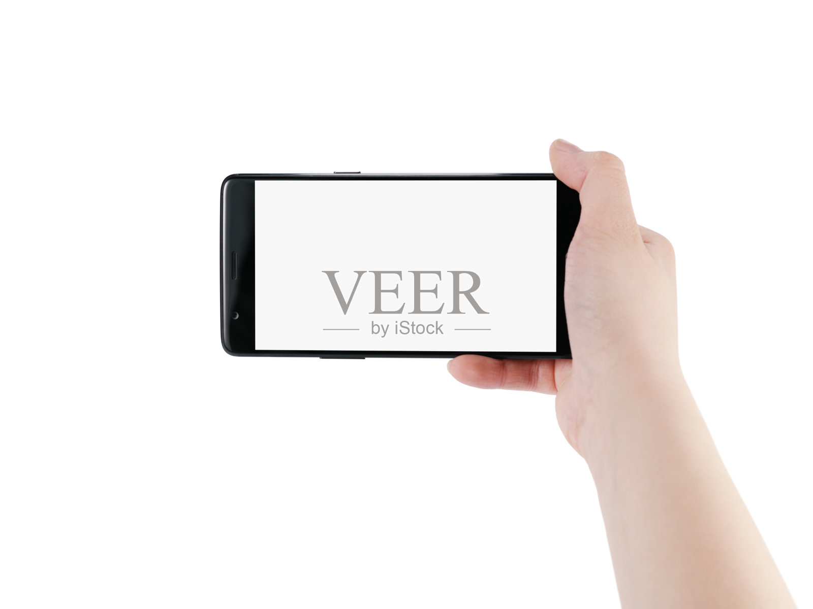 女性青少年手持智能手机，空白屏幕孤立在白色上照片摄影图片