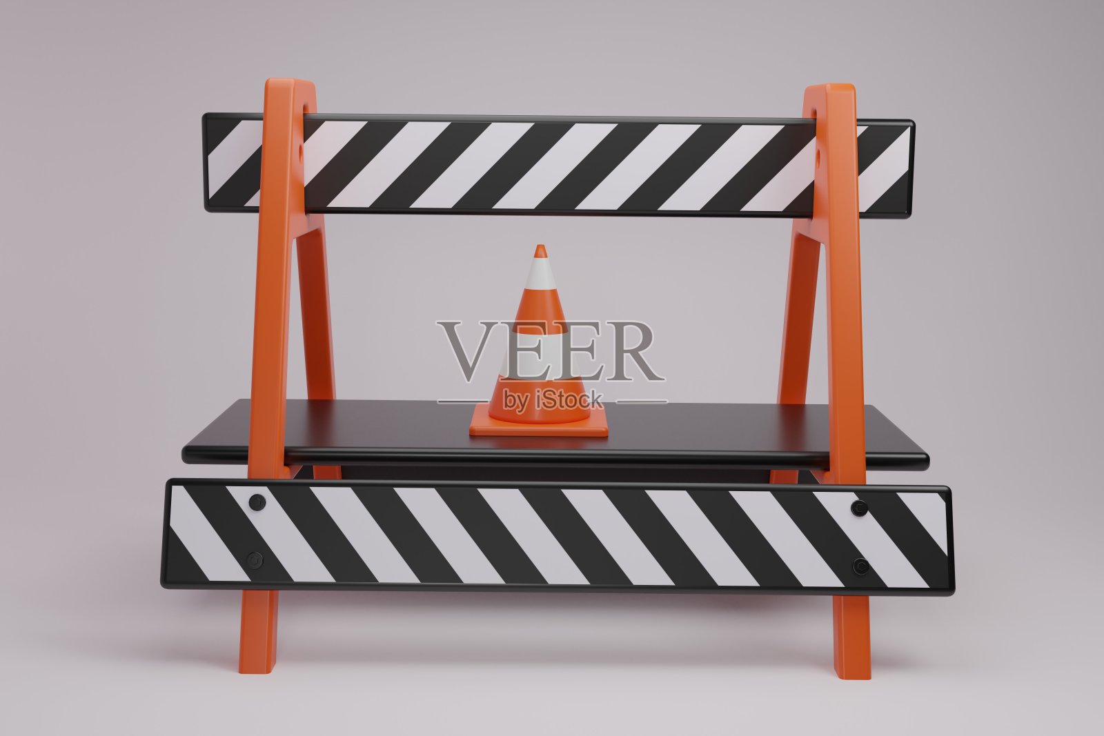 3d渲染一个交通锥路与危险屏障。白色背景上孤立的条纹交通障碍。公路建设作业区域安全。施工警告标志。矢量写实三维插图照片摄影图片