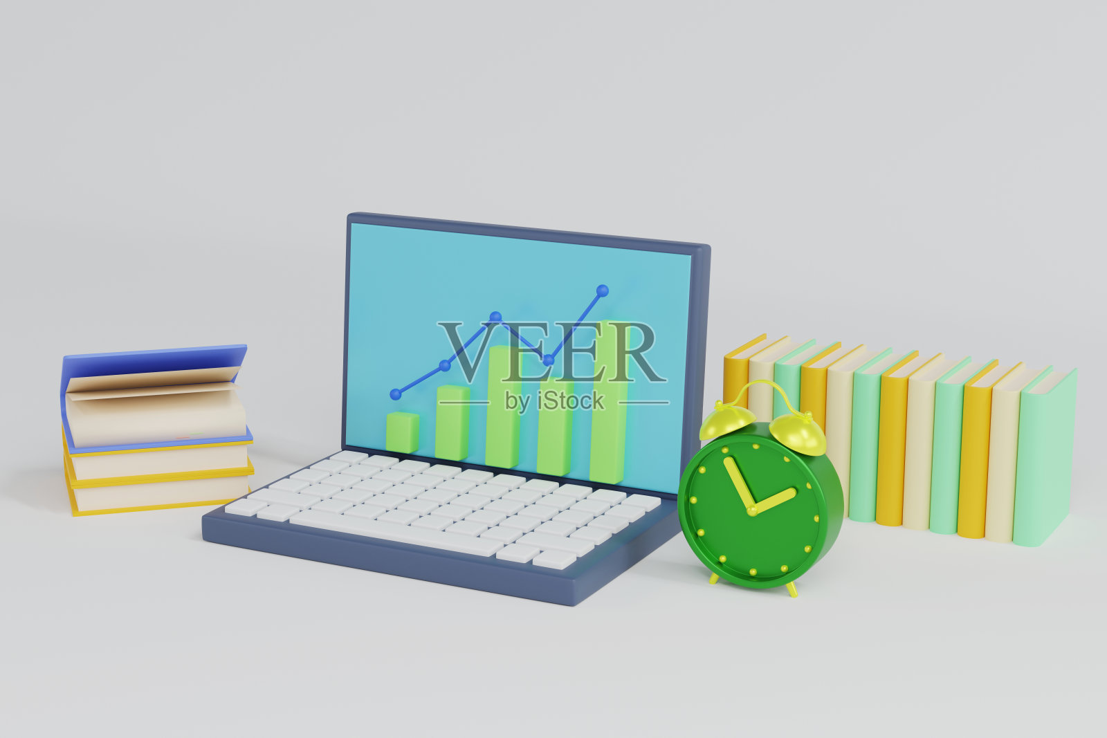 三维渲染笔记本电脑与升序条形图。企业财务观念。照片摄影图片