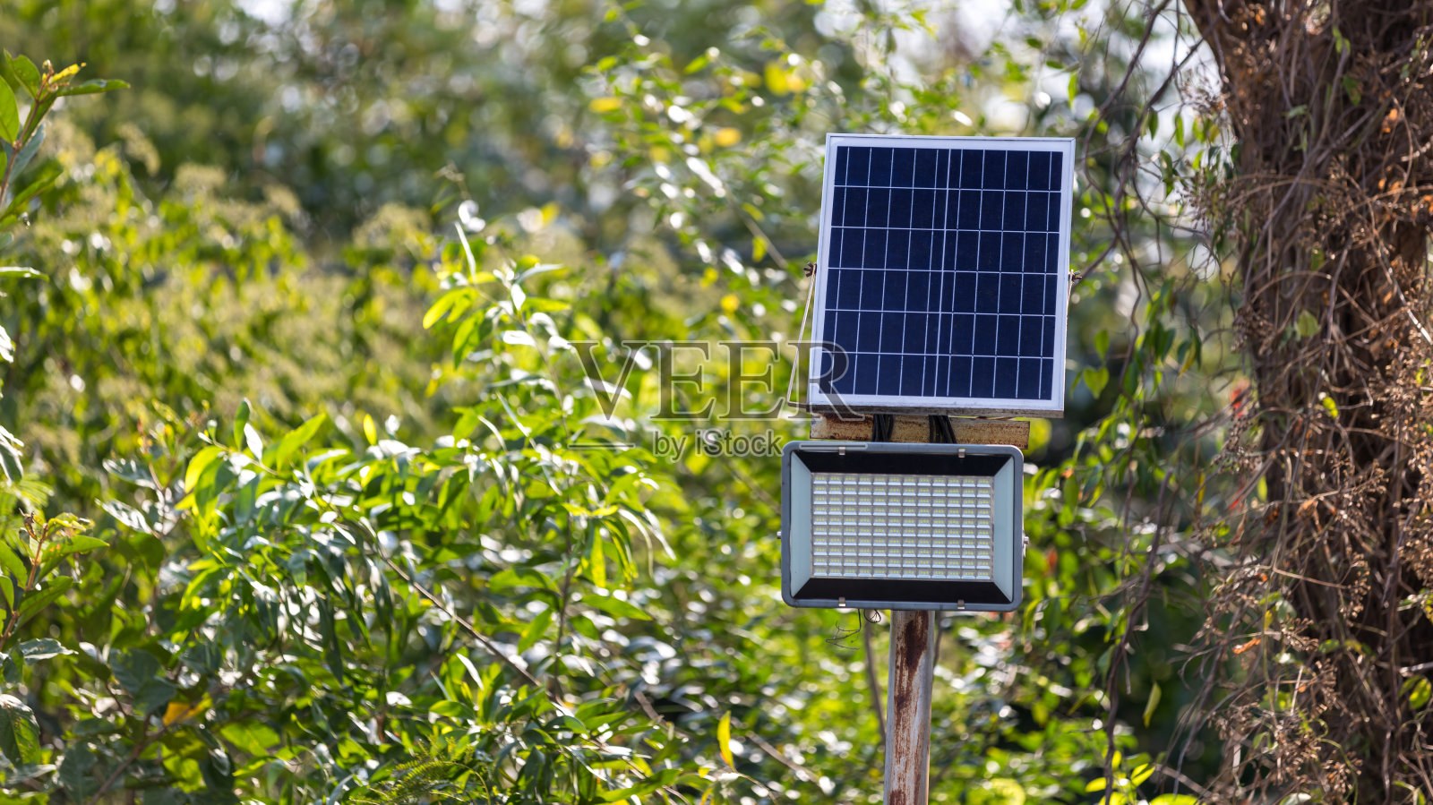 现代街道LED灯杆。城市电能技术。道路上的电线杆上有LED灯。户外照明强LED灯。照片摄影图片