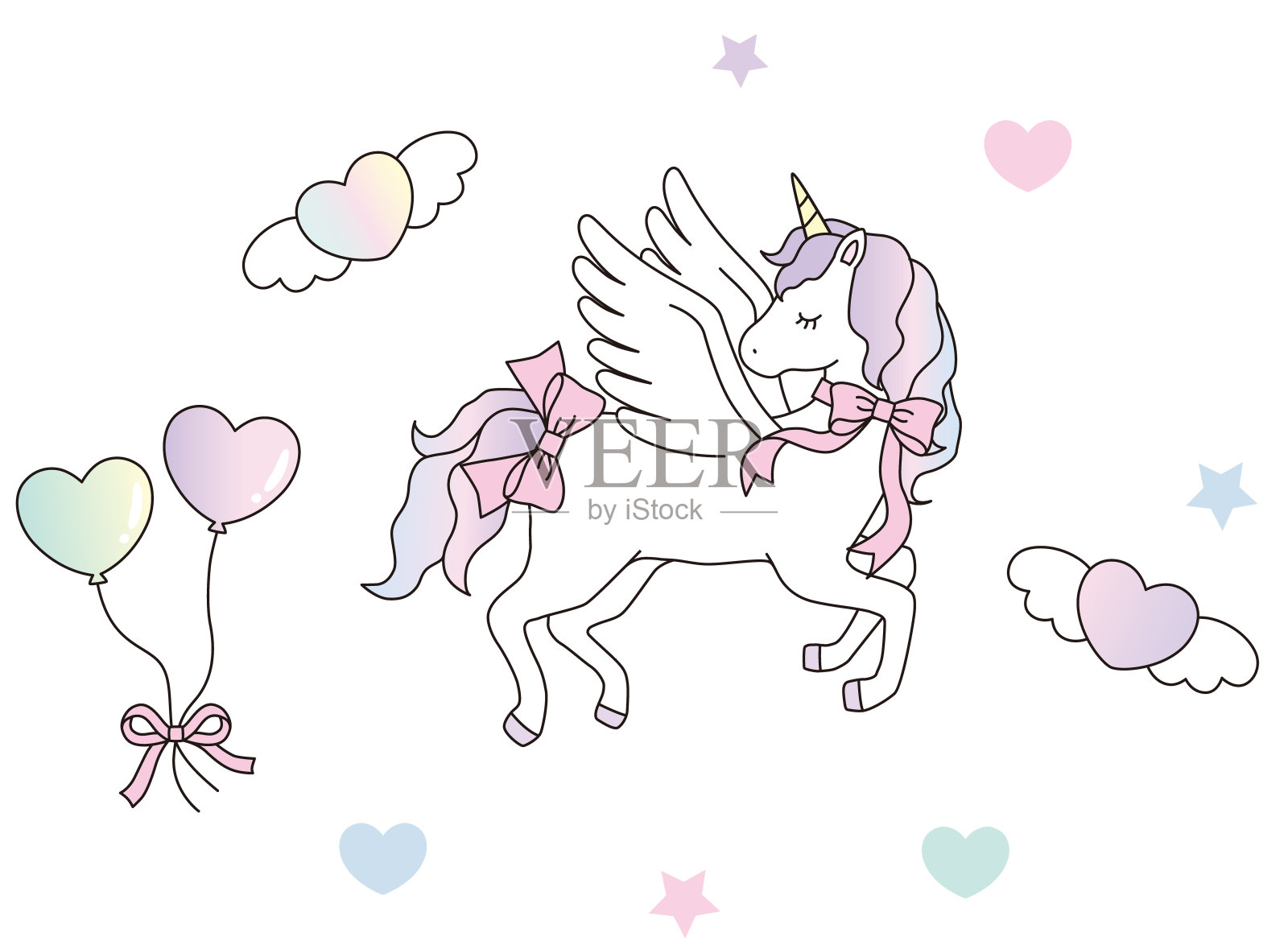 矢量插图一个可爱的独角兽与心气球和星星插画图片素材