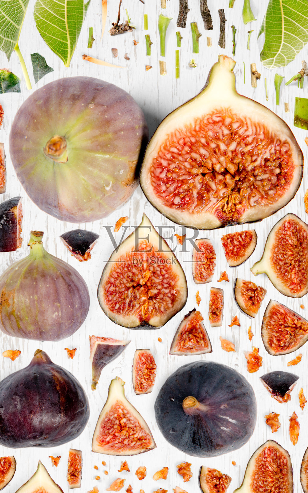 无花果片和叶子收集照片摄影图片