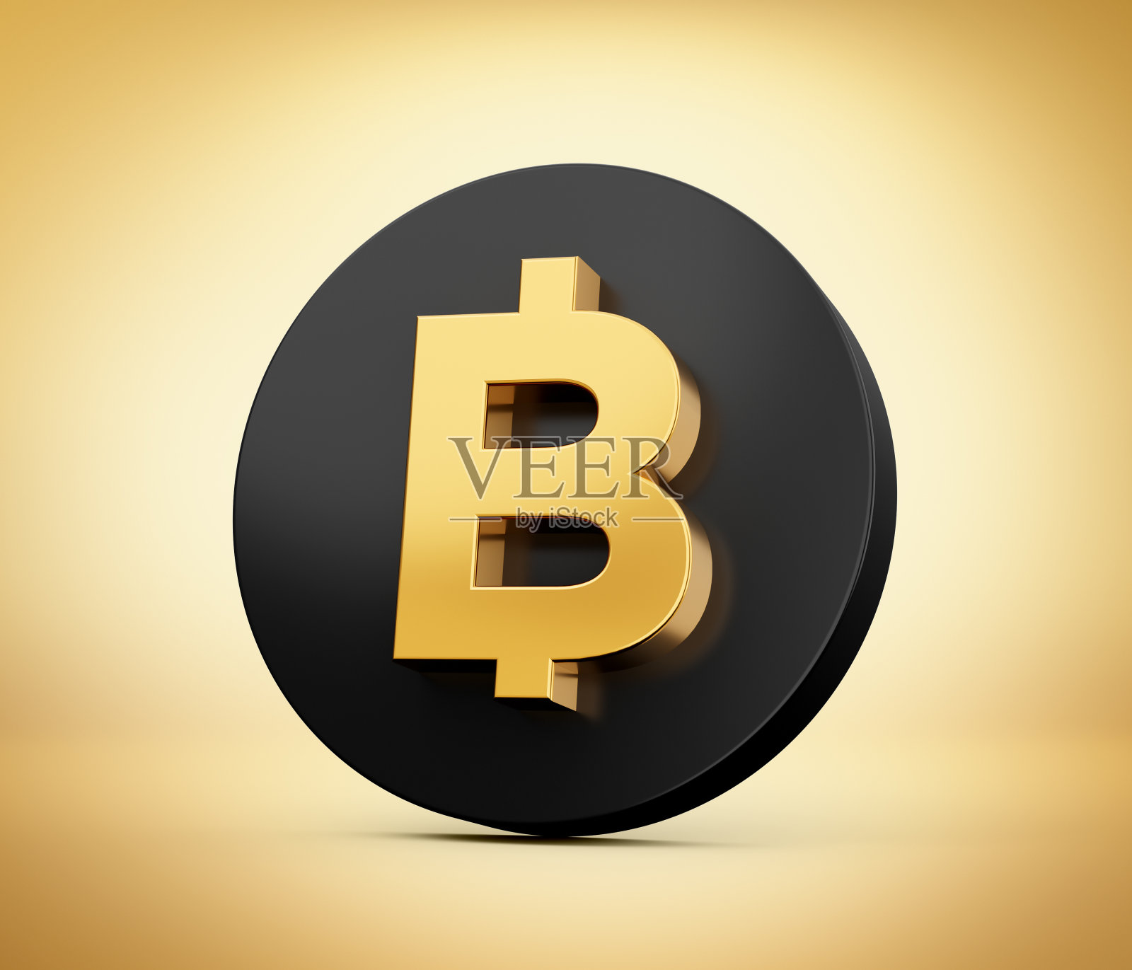 3d金色闪亮泰铢与3d圆形黑色硬币图标隔离在金色背景，3d插图照片摄影图片